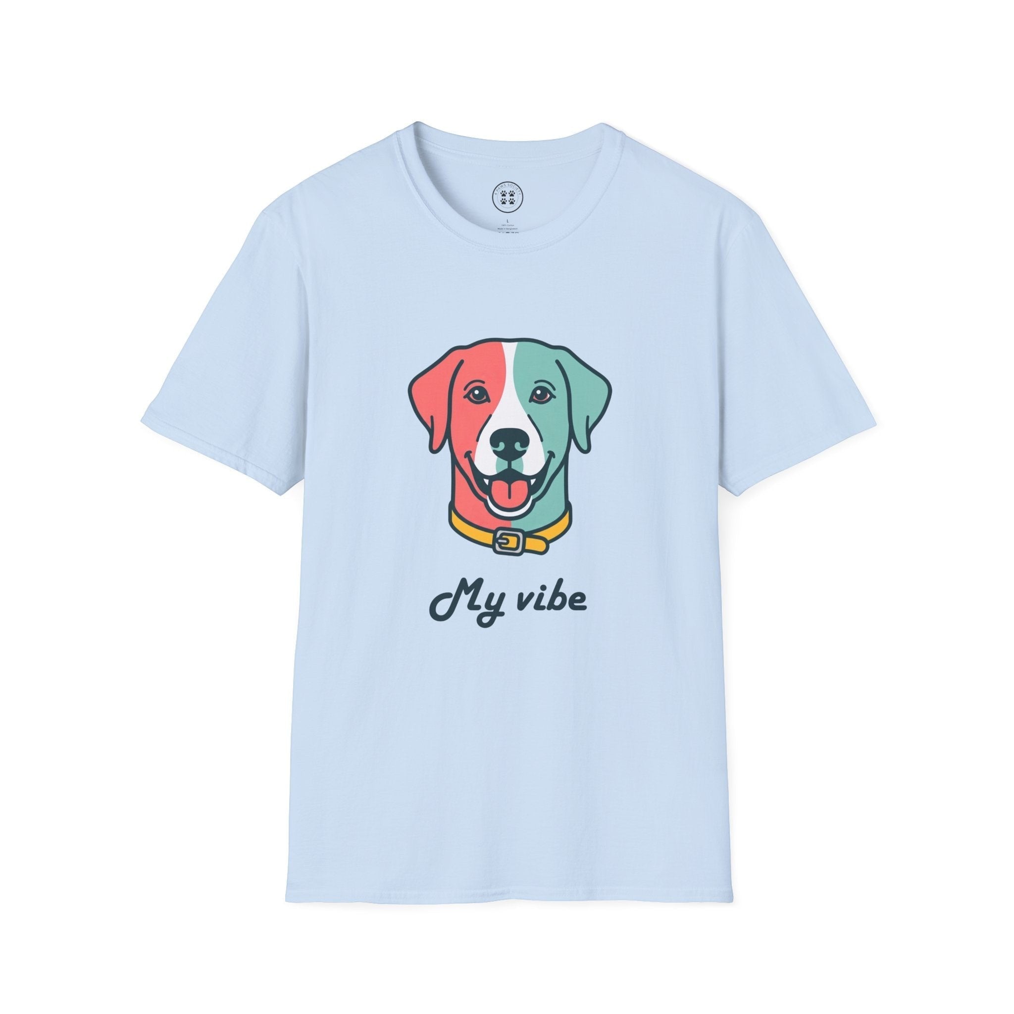 4 Paws Society light blue 100% cotton t-shirt with a colorful graphic of a dog's face and the words "My vibe".