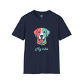 4 Paws Society navy blue 100% cotton t-shirt with a colorful graphic of a dog's face and the text "My vibe".