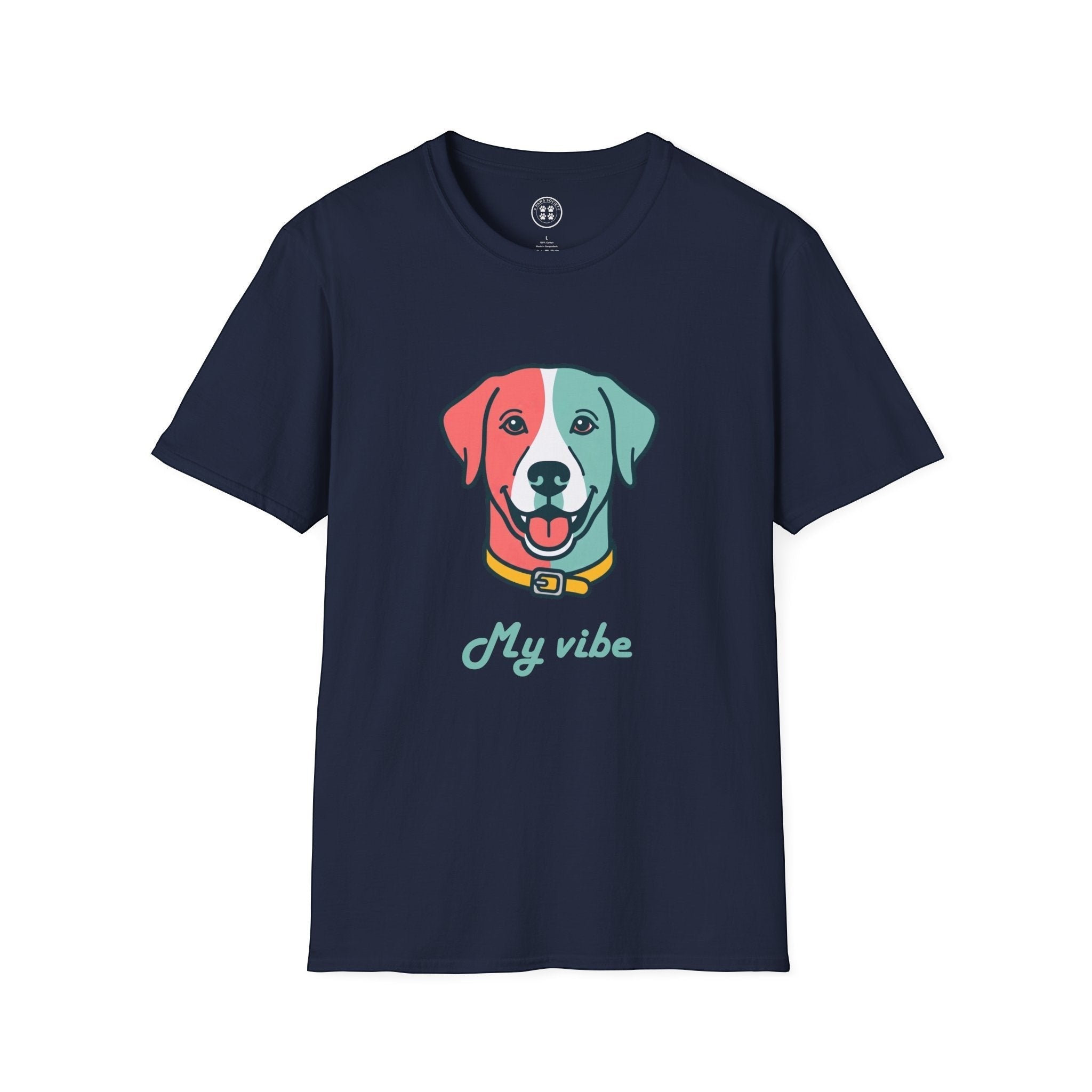 4 Paws Society navy blue 100% cotton t-shirt with a colorful graphic of a dog's face and the text "My vibe".