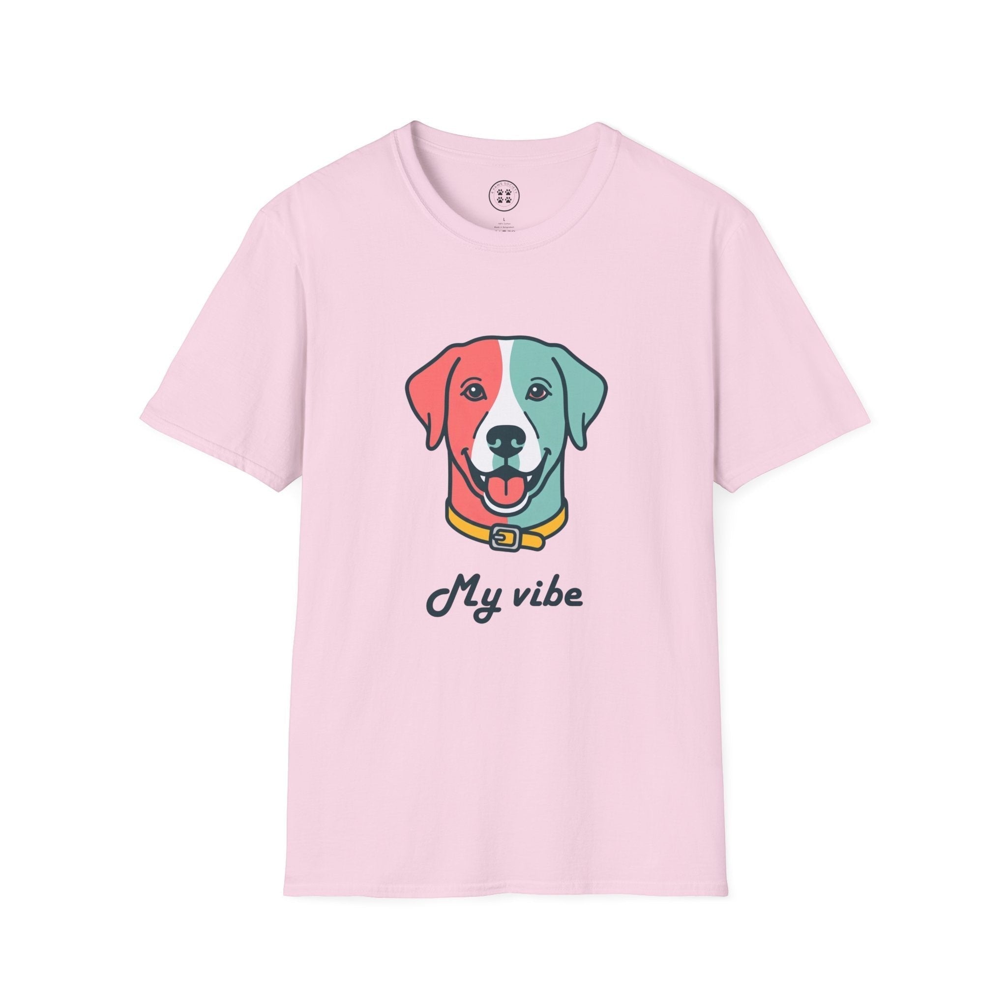 4 Paws Society pink 100% cotton t-shirt with a colorful graphic of a dog's face and the text "My vibe".