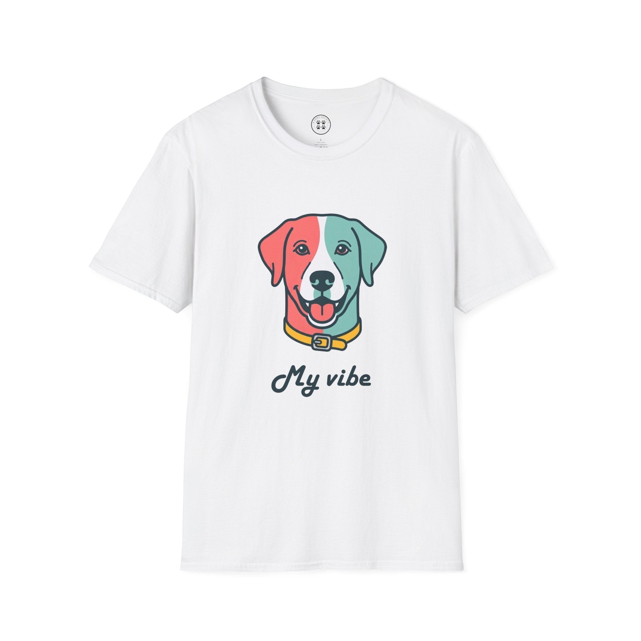 4 Paws Society white 100% cotton unisex t-shirt with a colorful graphic of a dog's head and the text "My vibe".