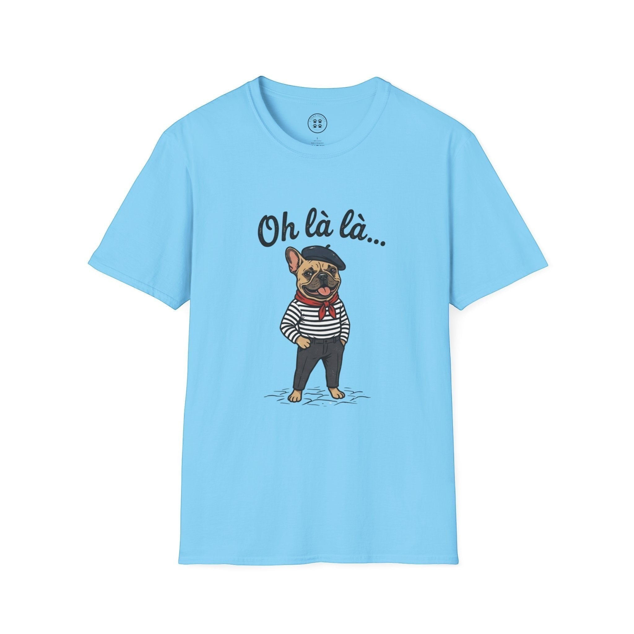 4 Paws Society light blue 100% cotton t-shirt with a French bulldog graphic wearing a beret and striped shirt.