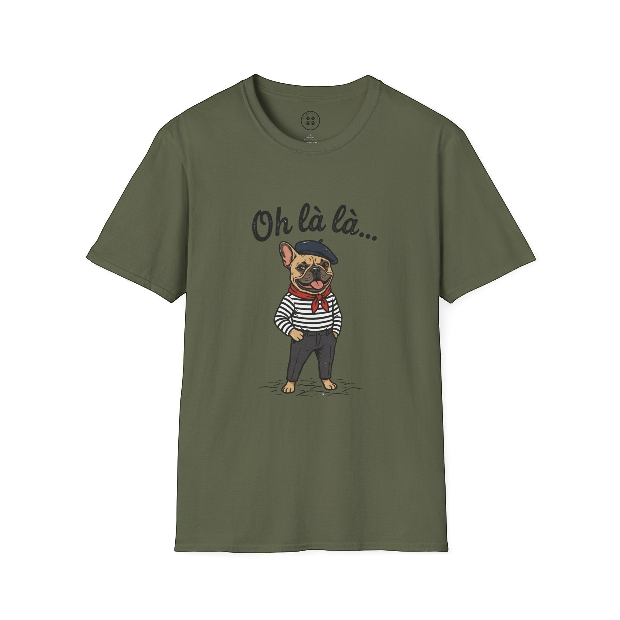 4 Paws Society olive green 100% cotton t-shirt with a French bulldog graphic wearing a beret and striped shirt.