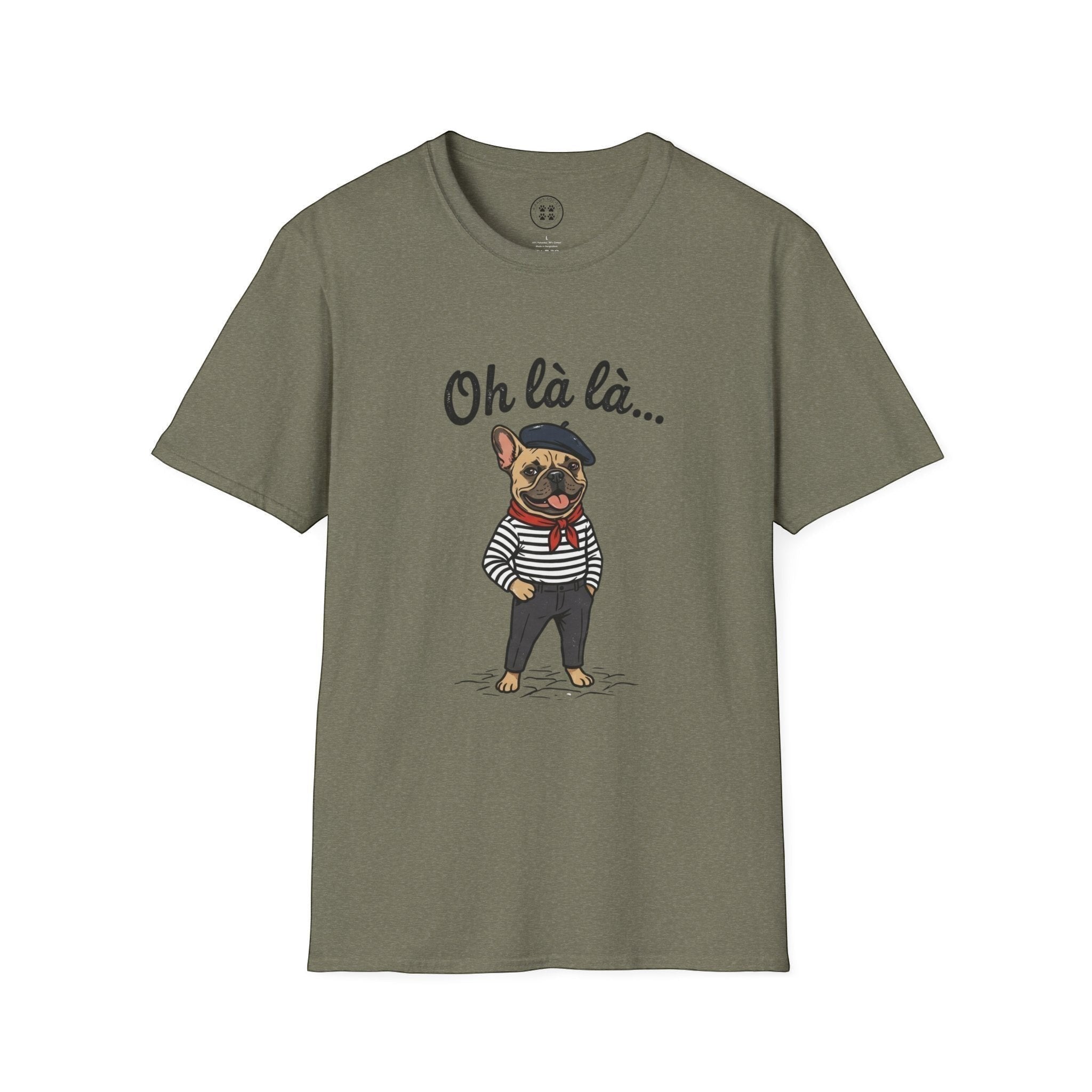 4 Paws Society olive green 100% cotton t-shirt with a French bulldog graphic wearing a beret and striped shirt.