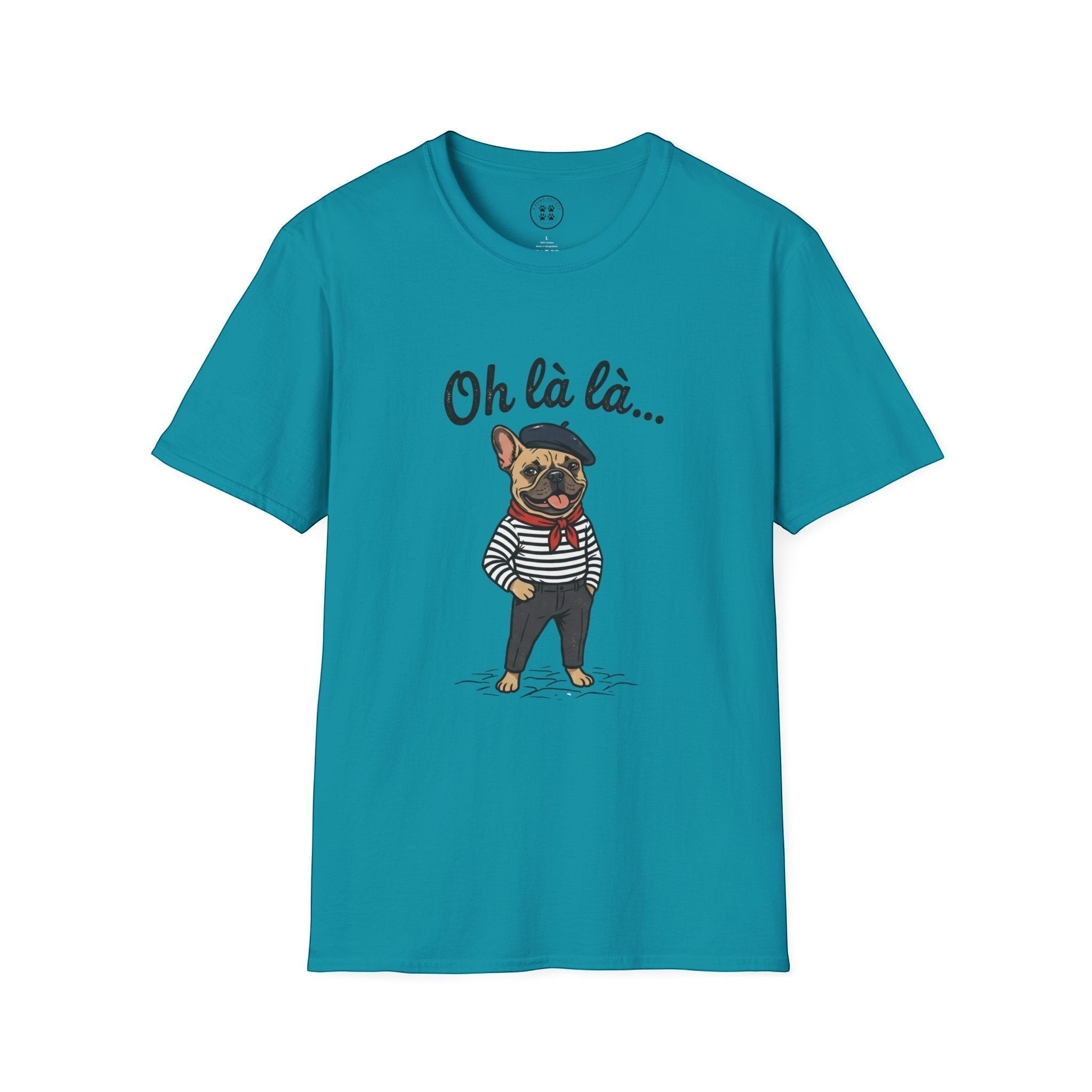 4 Paws Society teal 100% cotton t-shirt with a French bulldog graphic wearing a beret, striped shirt, and scarf.