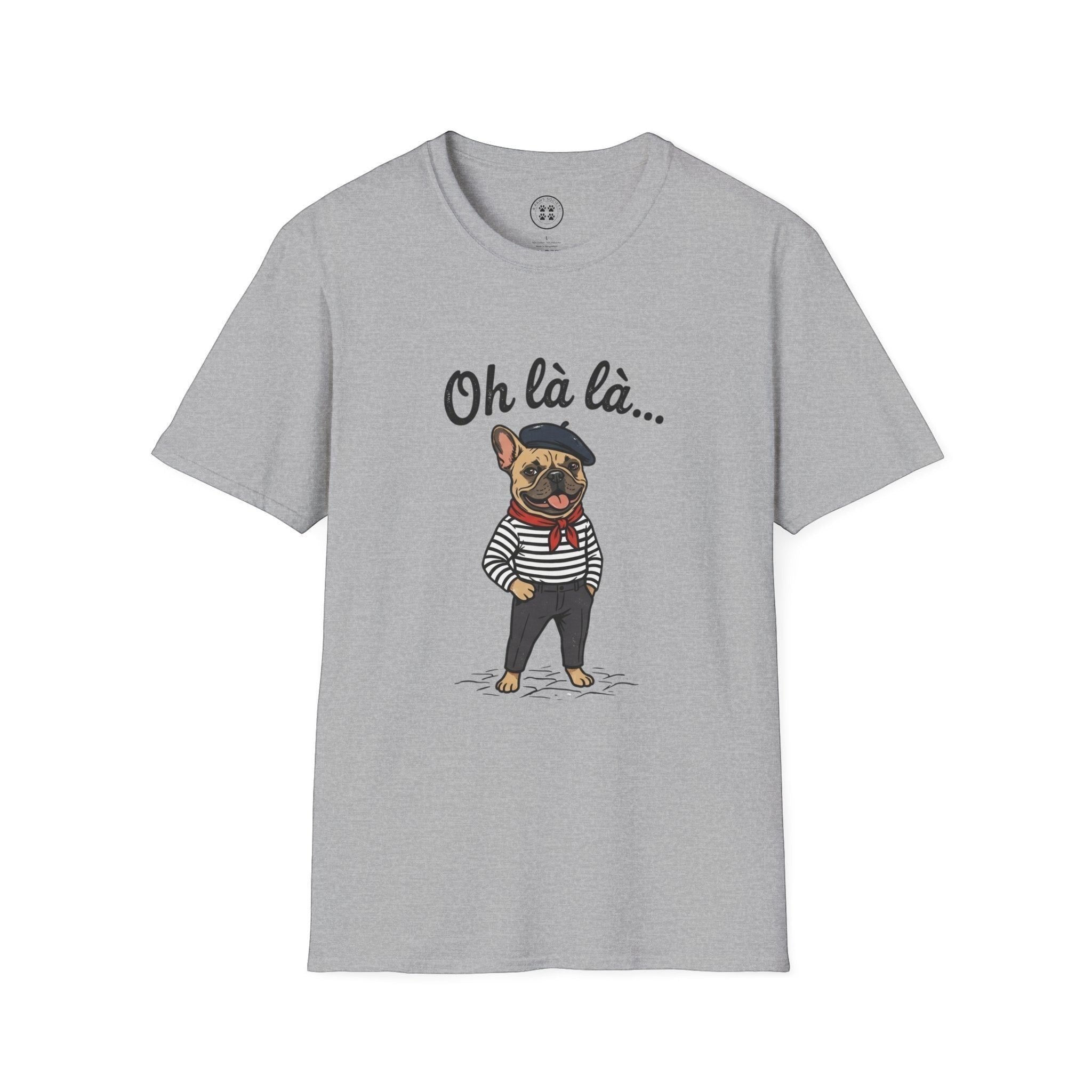 4 Paws Society grey 100% cotton t-shirt with a French bulldog graphic wearing a beret and striped shirt.