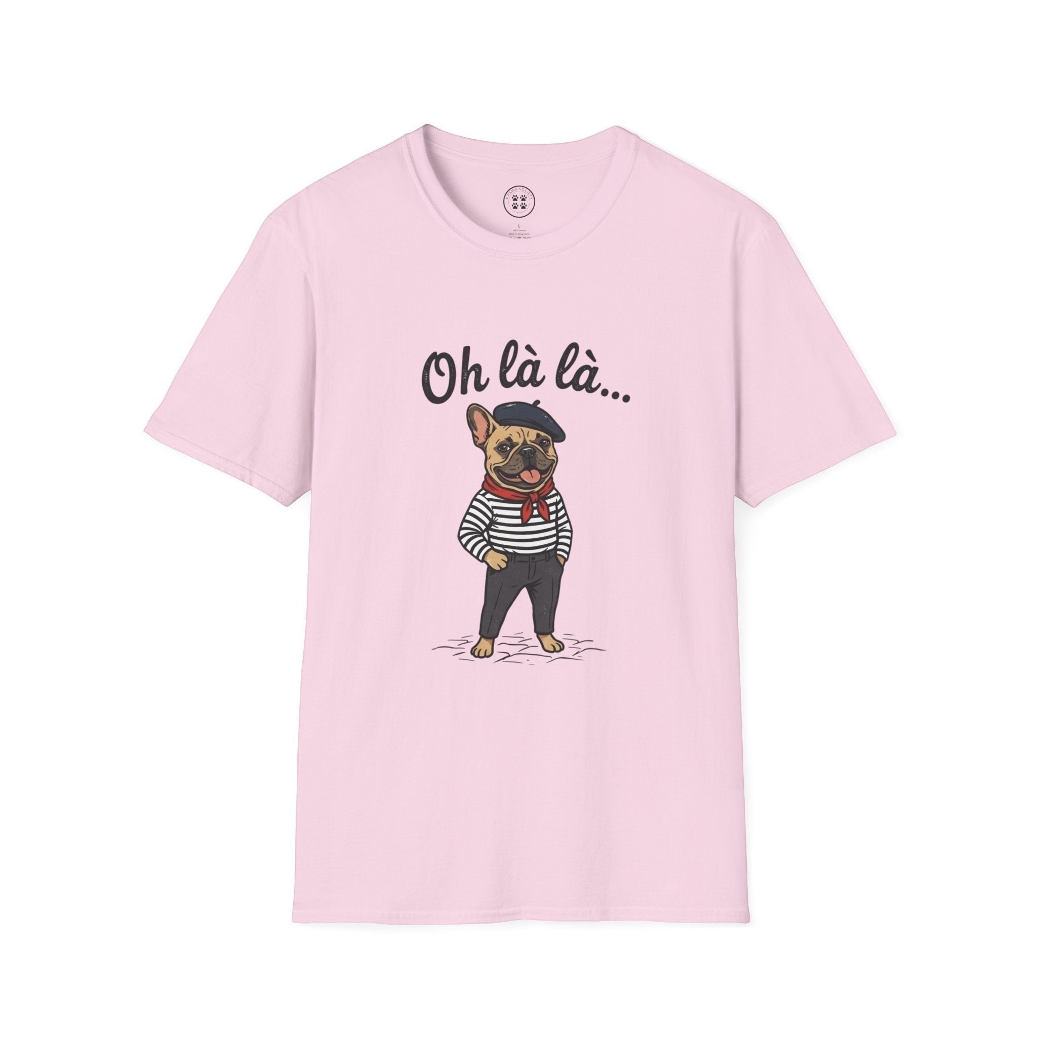 4 Paws Society pink 100% cotton t-shirt with a French bulldog graphic wearing a beret, striped shirt, and scarf. Text reads "Oh là là..."