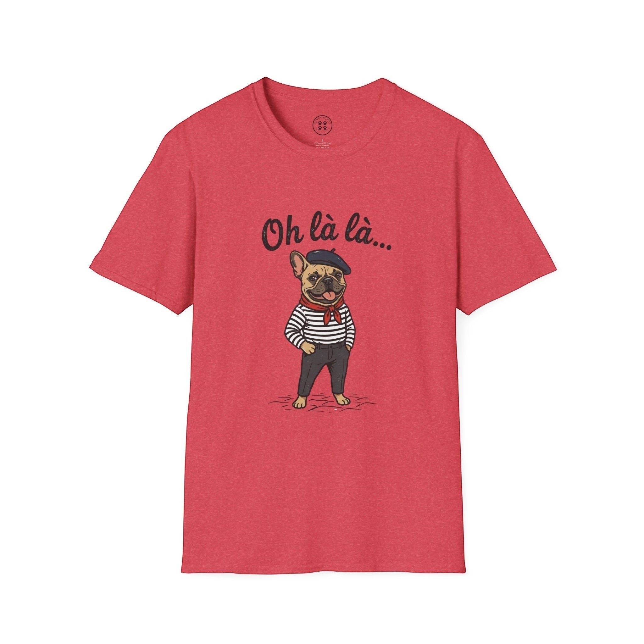 4 Paws Society red 100% cotton t-shirt with a French bulldog graphic wearing a beret and striped shirt.