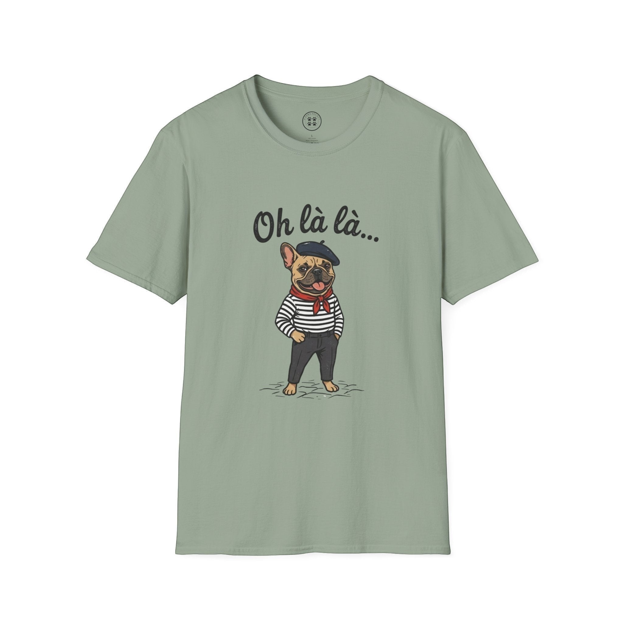 4 Paws Society sage green 100% cotton t-shirt with a French bulldog graphic wearing a beret and striped shirt.