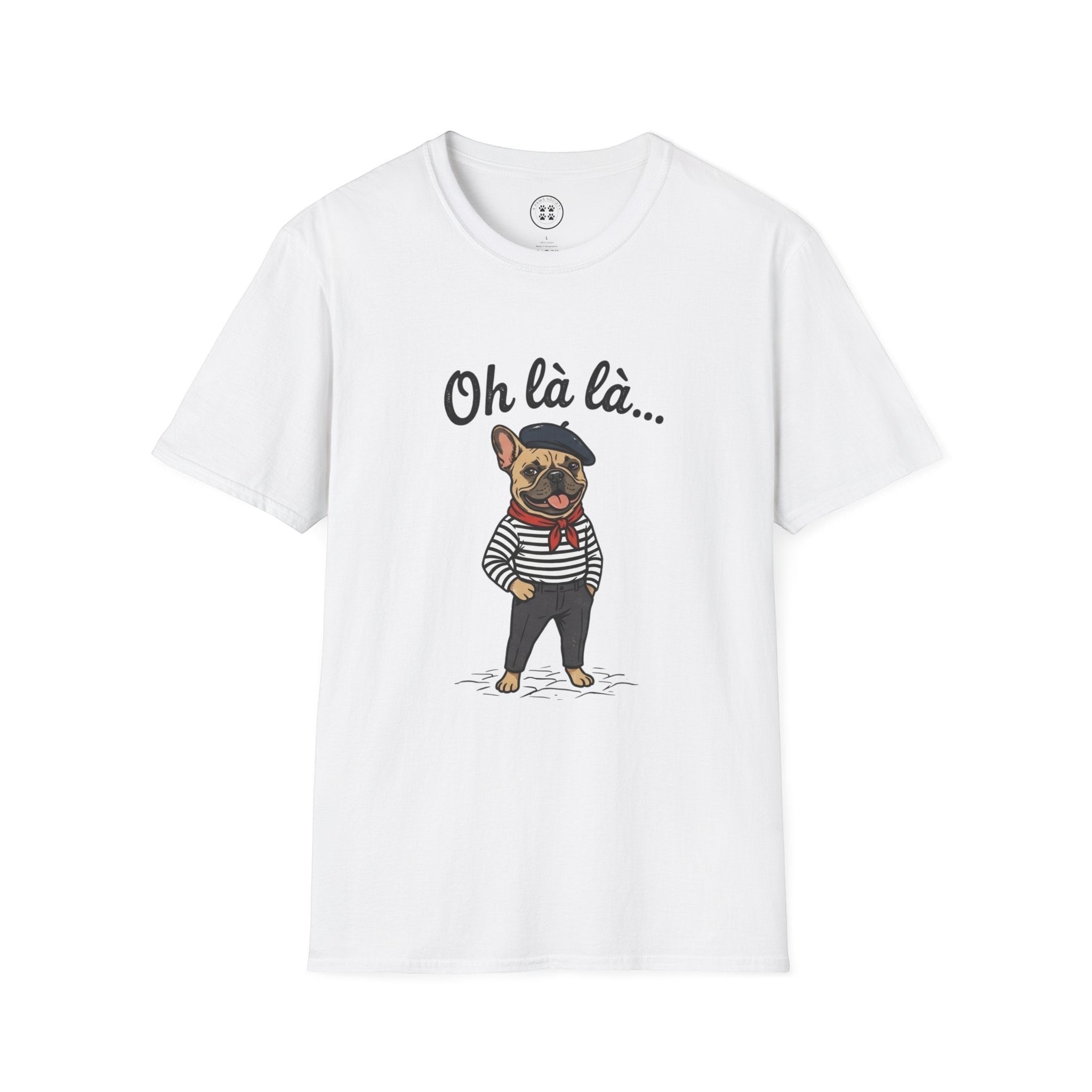 4 Paws Society white 100% cotton t-shirt with a French bulldog graphic wearing a beret and striped shirt.