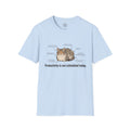 4 Paws Society light blue 100% cotton t-shirt with a graphic of a cat and humorous text about productivity.