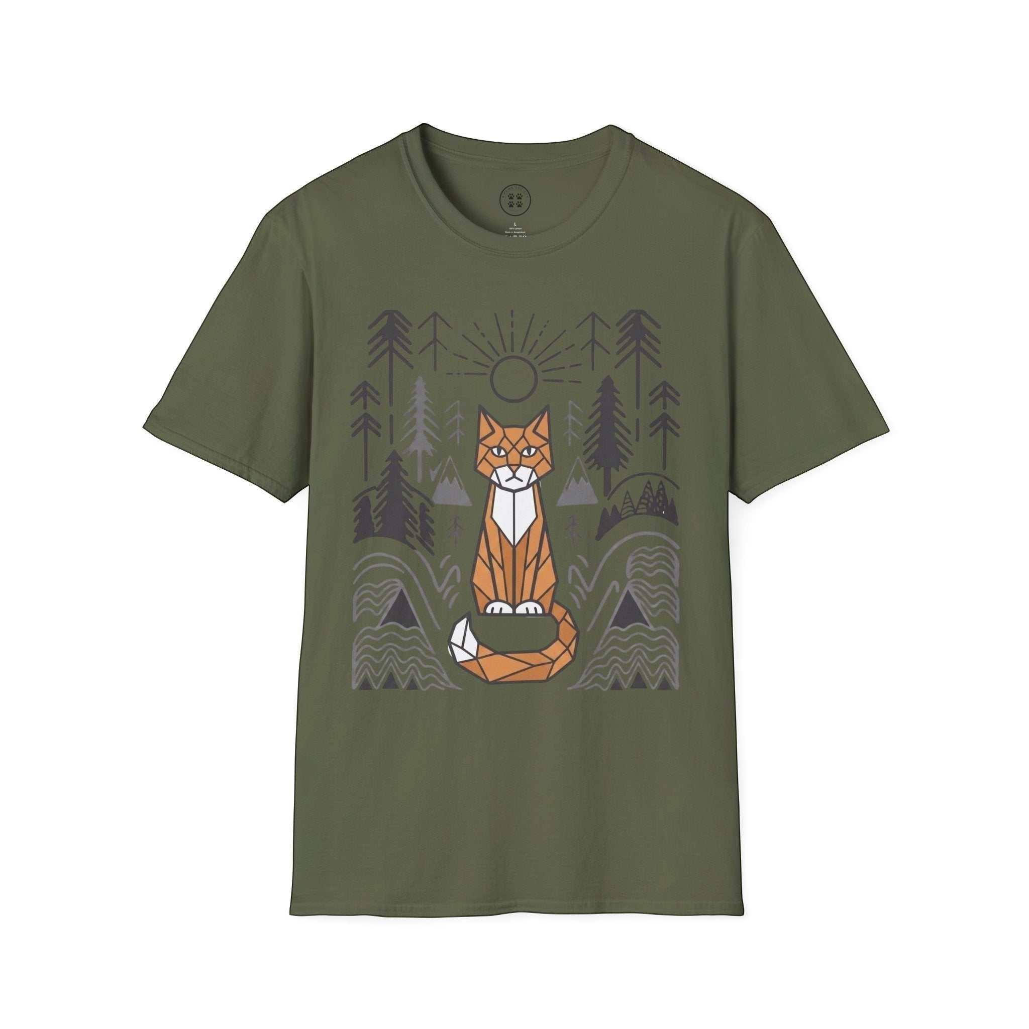 4 Paws Society olive green 100% cotton t-shirt with a geometric orange cat sitting in a forest landscape graphic.
