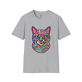 4 Paws Society grey 100% cotton t-shirt with a colorful geometric cat graphic featuring scenes of cat life.