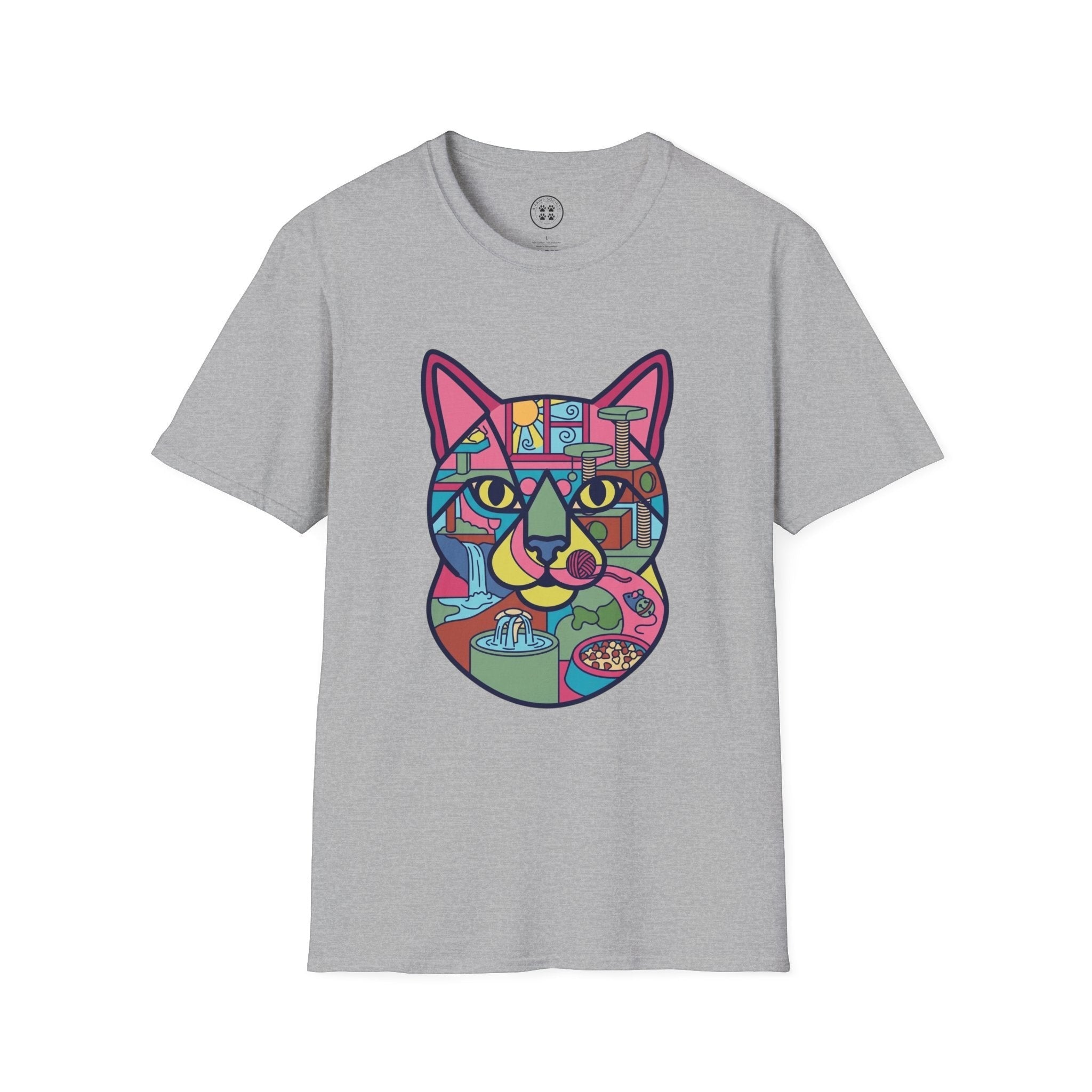 4 Paws Society grey 100% cotton t-shirt with a colorful geometric cat graphic featuring scenes of cat life.