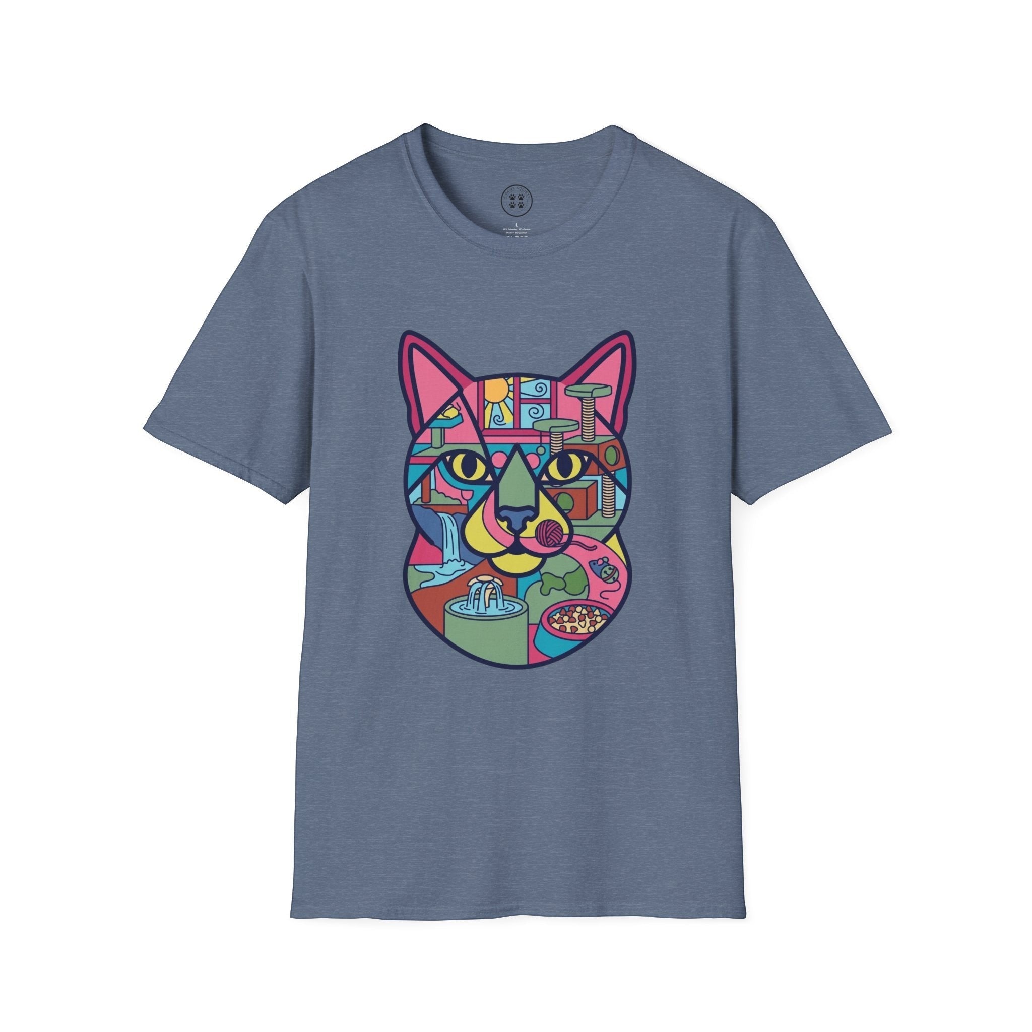 4 Paws Society blue 100% cotton t-shirt with a colorful geometric cat graphic featuring scenes of cat life.