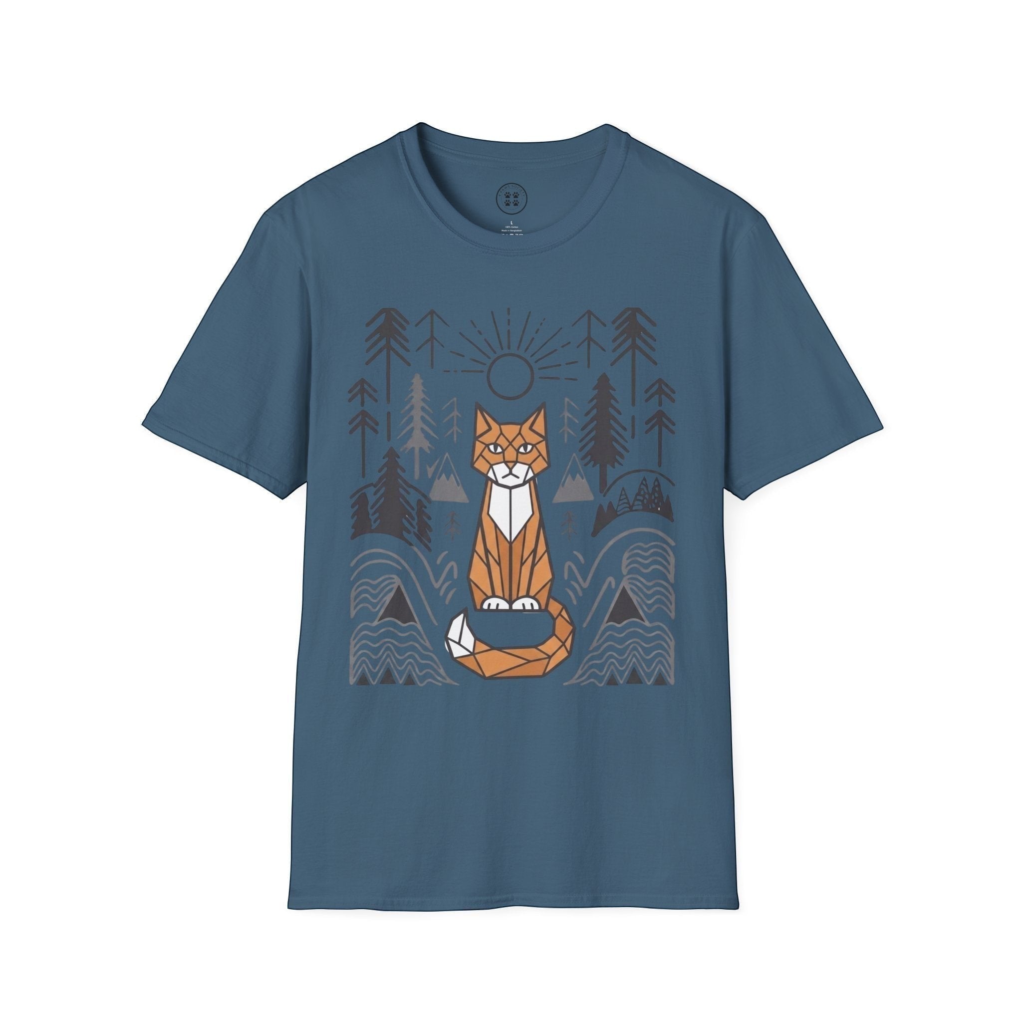 4 Paws Society blue 100% cotton t-shirt with geometric cat and forest graphic