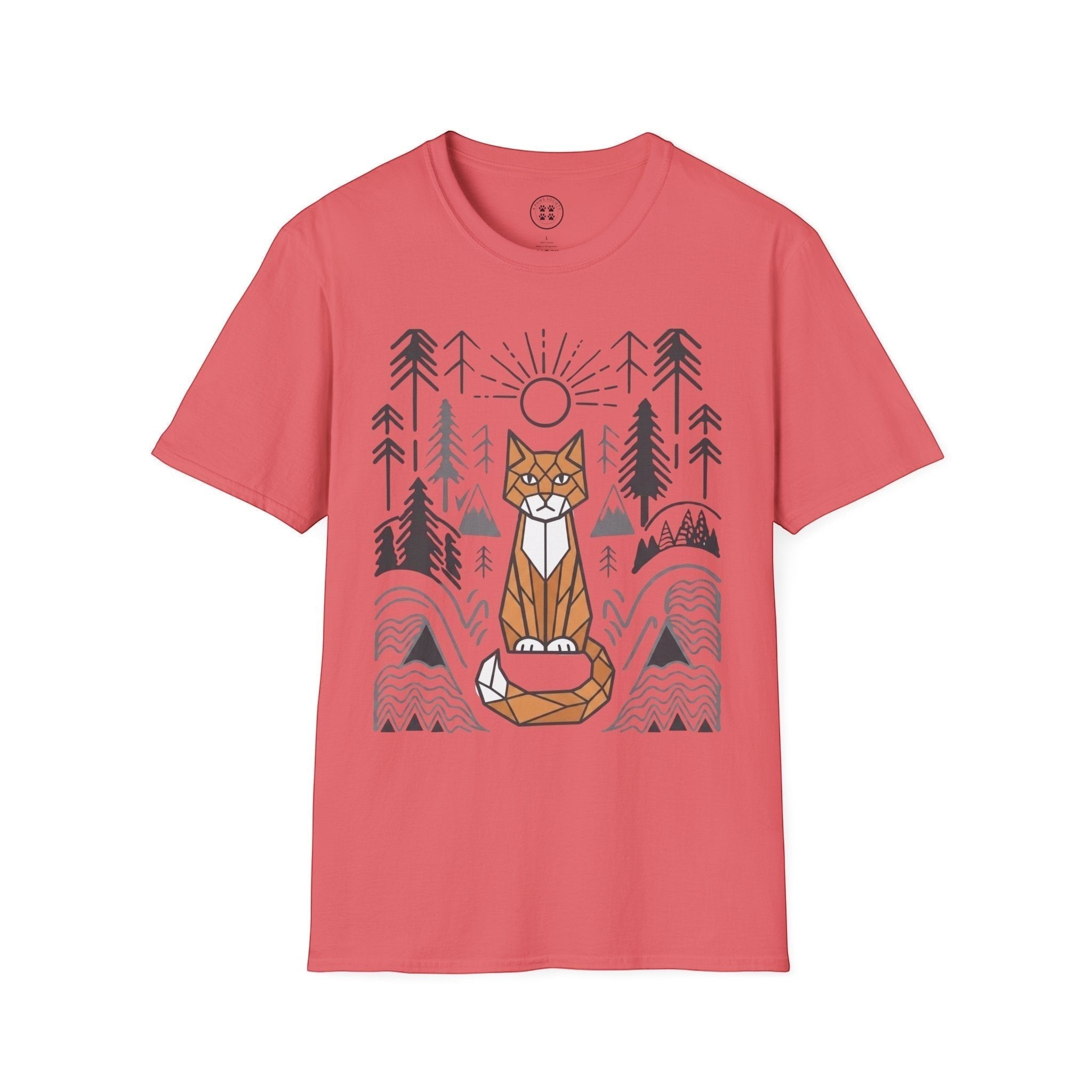 4 Paws Society coral 100% cotton t-shirt with geometric cat and forest graphic