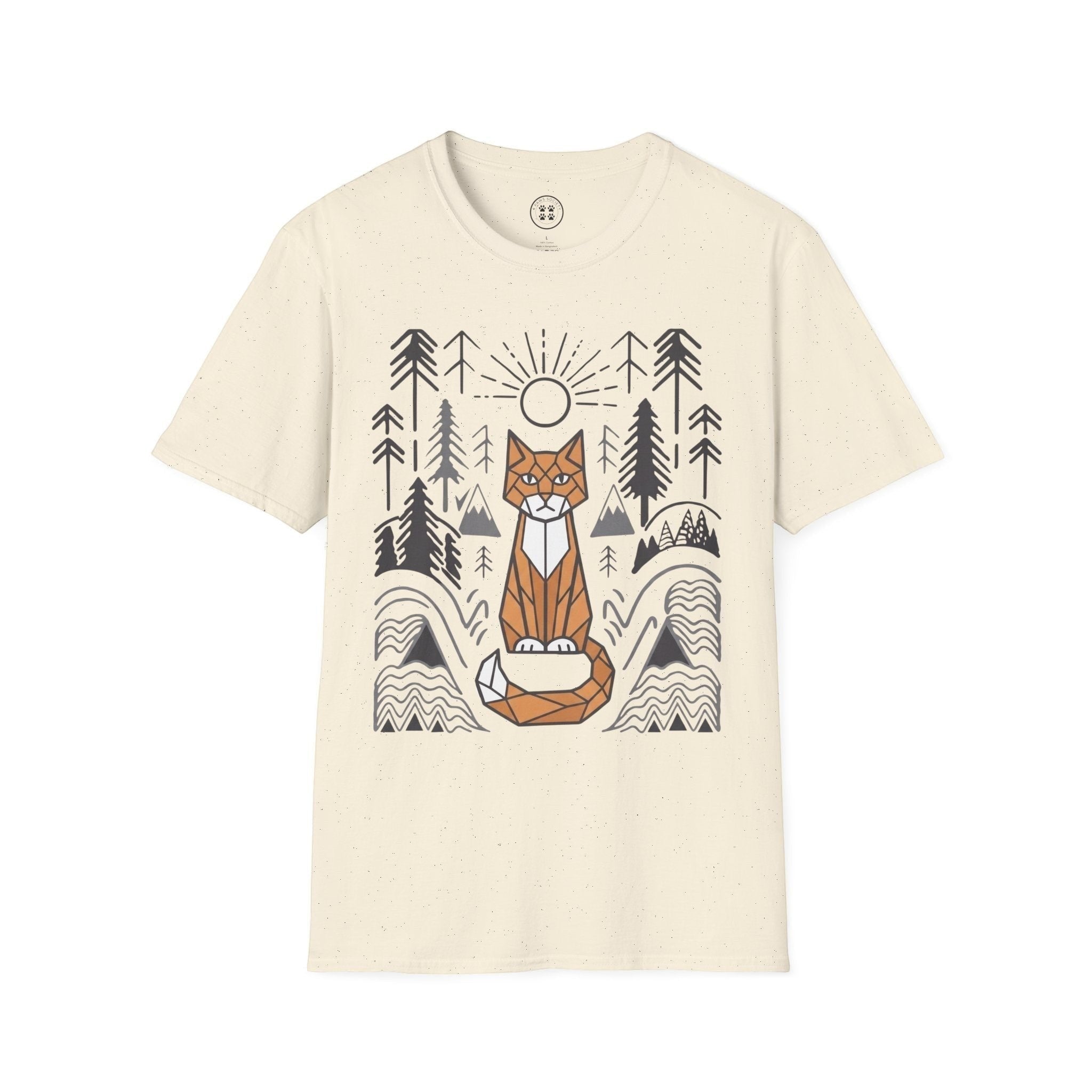 4 Paws Society cream 100% cotton unisex t-shirt with geometric cat and forest graphic