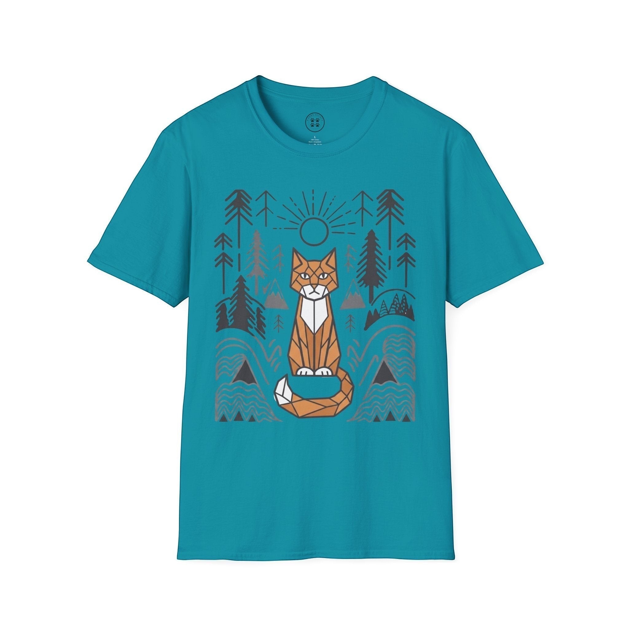 4 Paws Society teal 100% cotton t-shirt with geometric cat and forest graphic