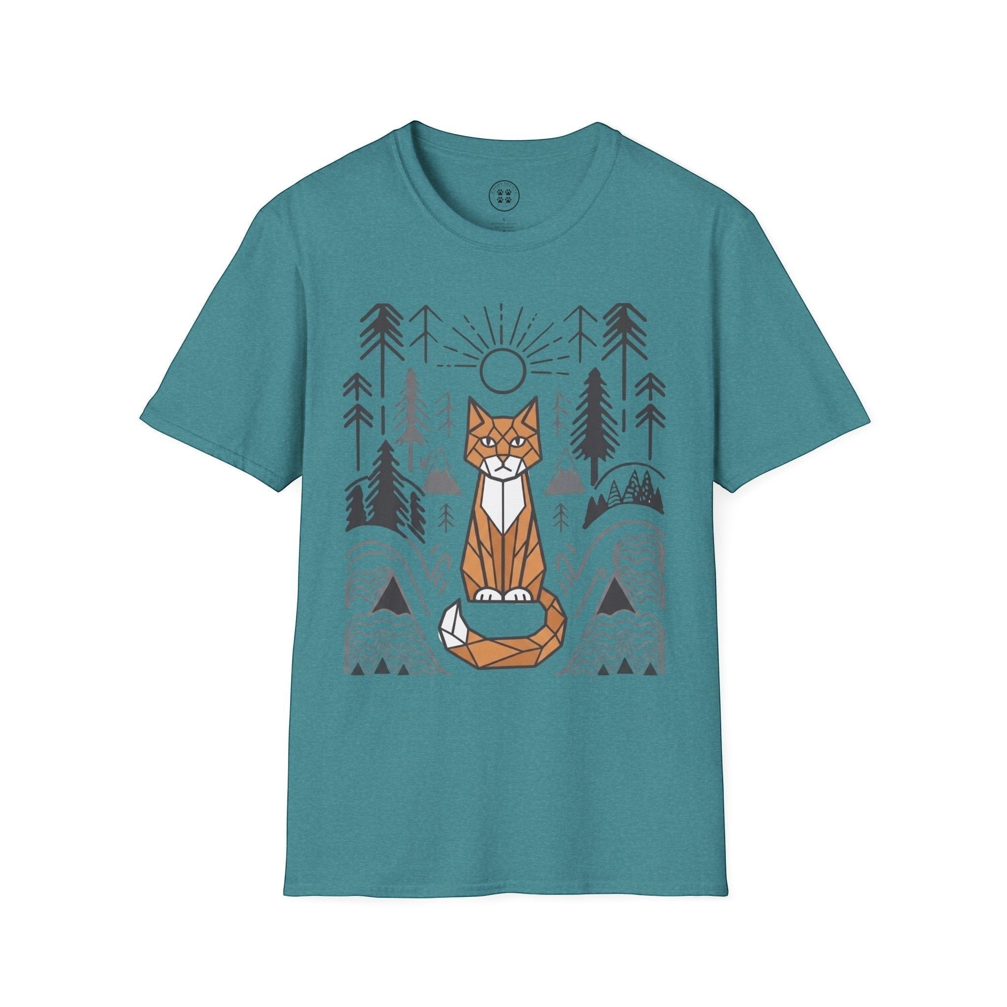 4 Paws Society teal 100% cotton t-shirt with geometric cat and forest graphic
