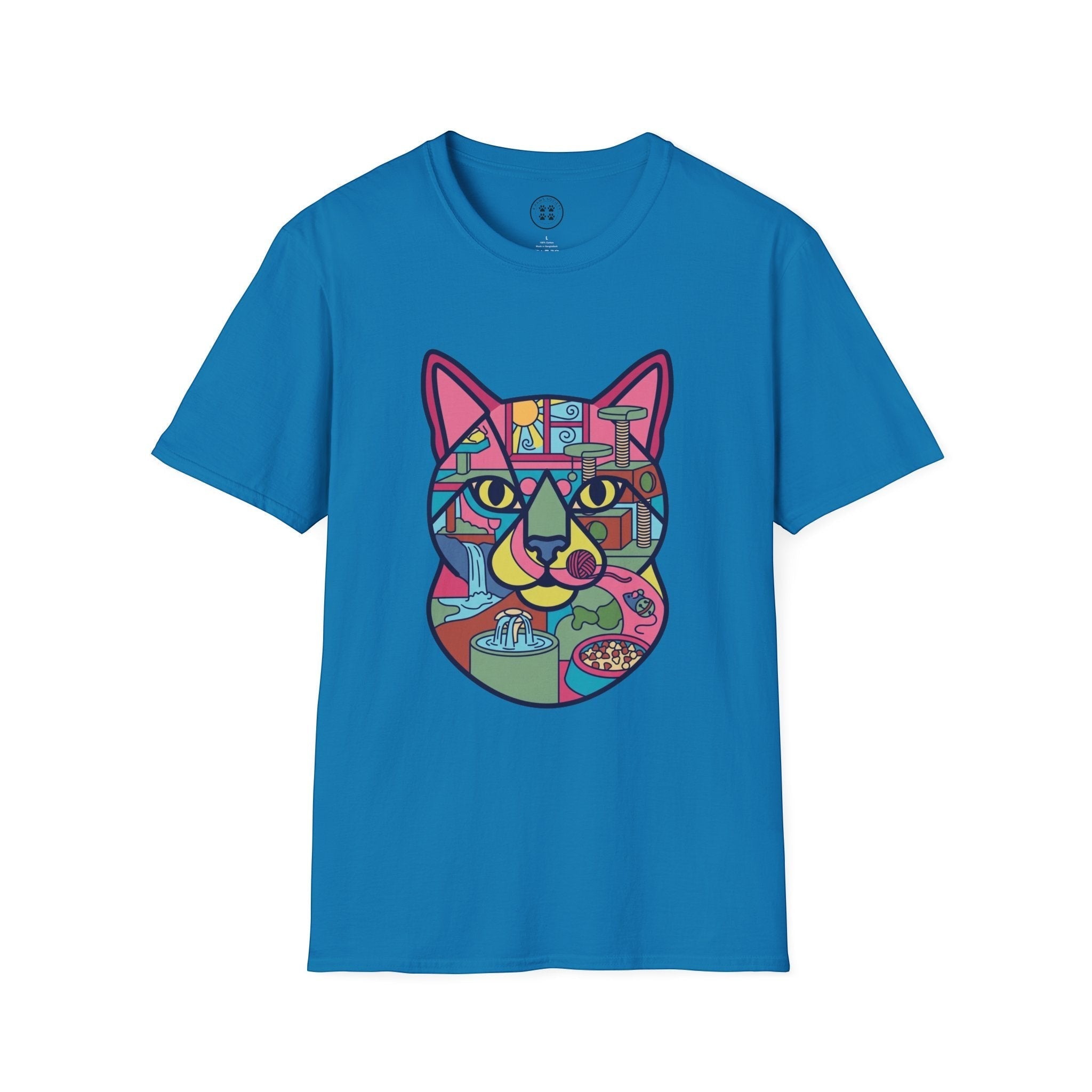 4 Paws Society blue 100% cotton t-shirt with a colorful geometric cat graphic featuring a waterfall, cat tree, and food bowl.