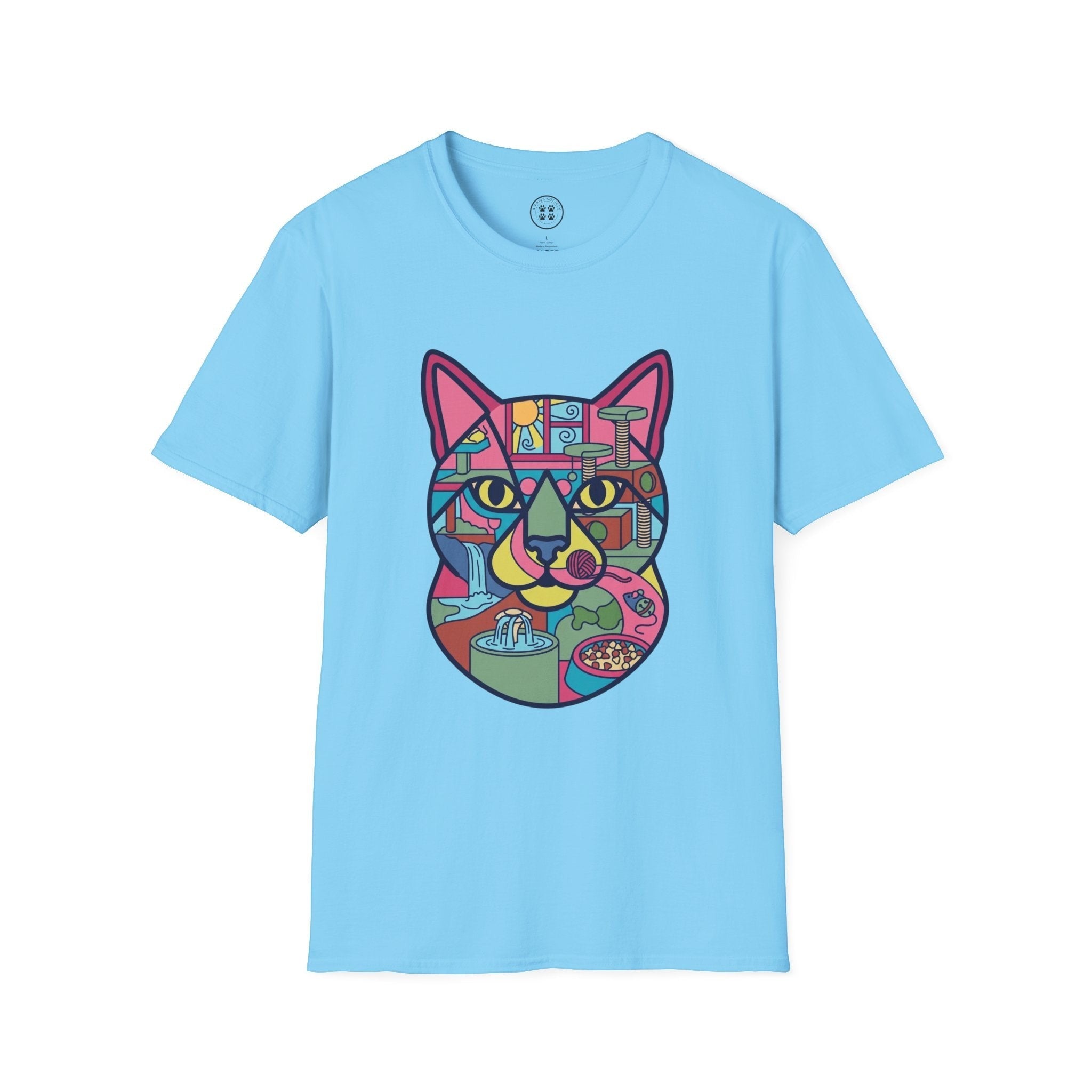4 Paws Society light blue 100% cotton t-shirt with a colorful geometric cat graphic featuring scenes of cat life.