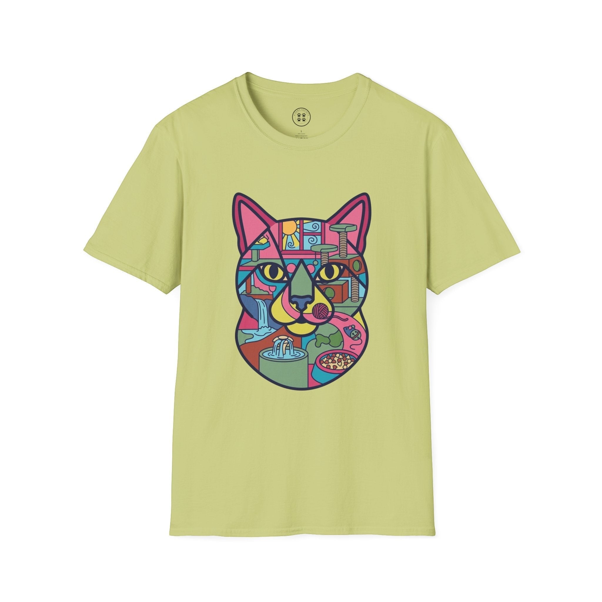 4 Paws Society light green 100% cotton t-shirt with a colorful geometric cat graphic featuring a cat tree, waterfall, and food bowl.