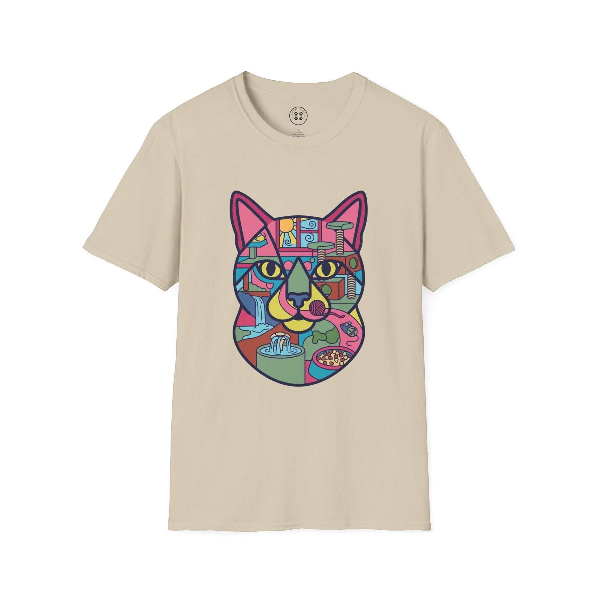 4 Paws Society beige 100% cotton t-shirt with a colorful geometric cat graphic featuring a cat tree, food bowl, and fountain.
