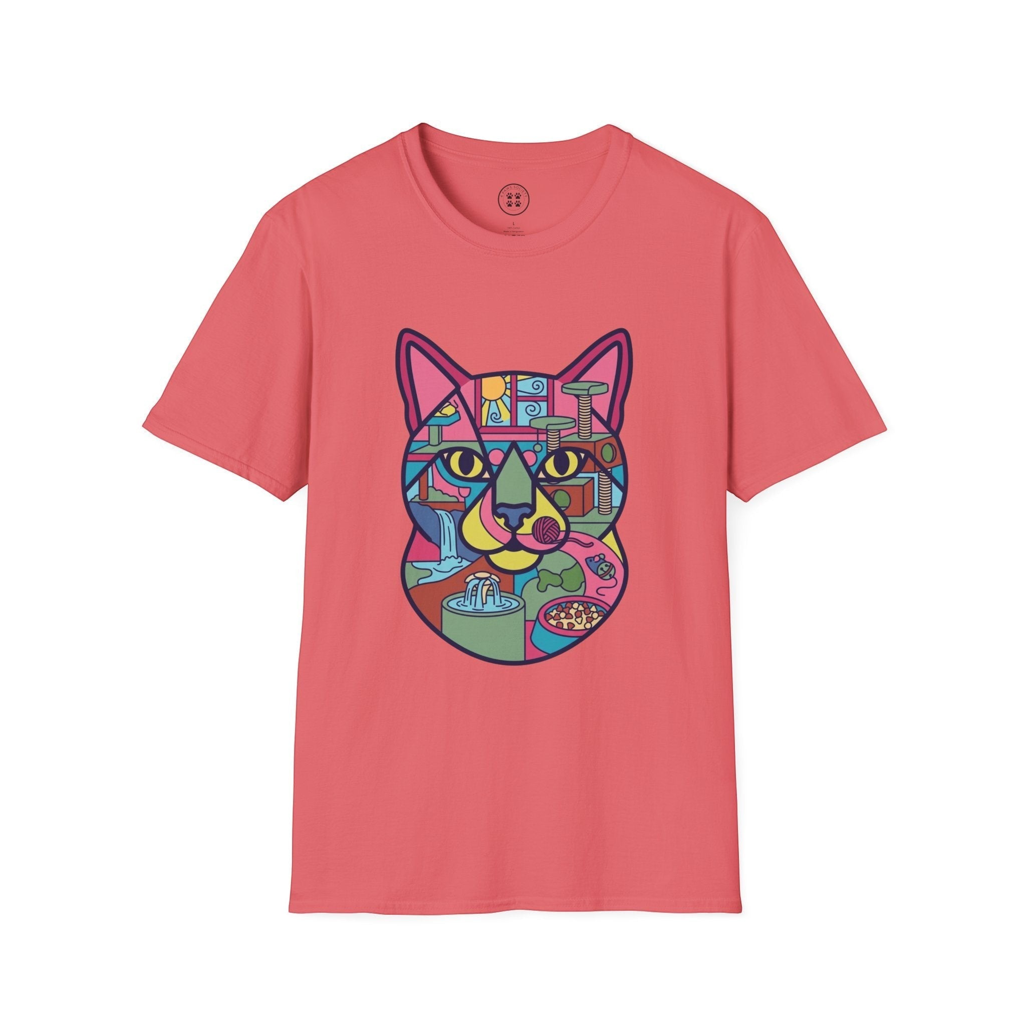4 Paws Society coral pink 100% cotton t-shirt with a colorful geometric cat graphic featuring a cat tree, waterfall, and food bowl.