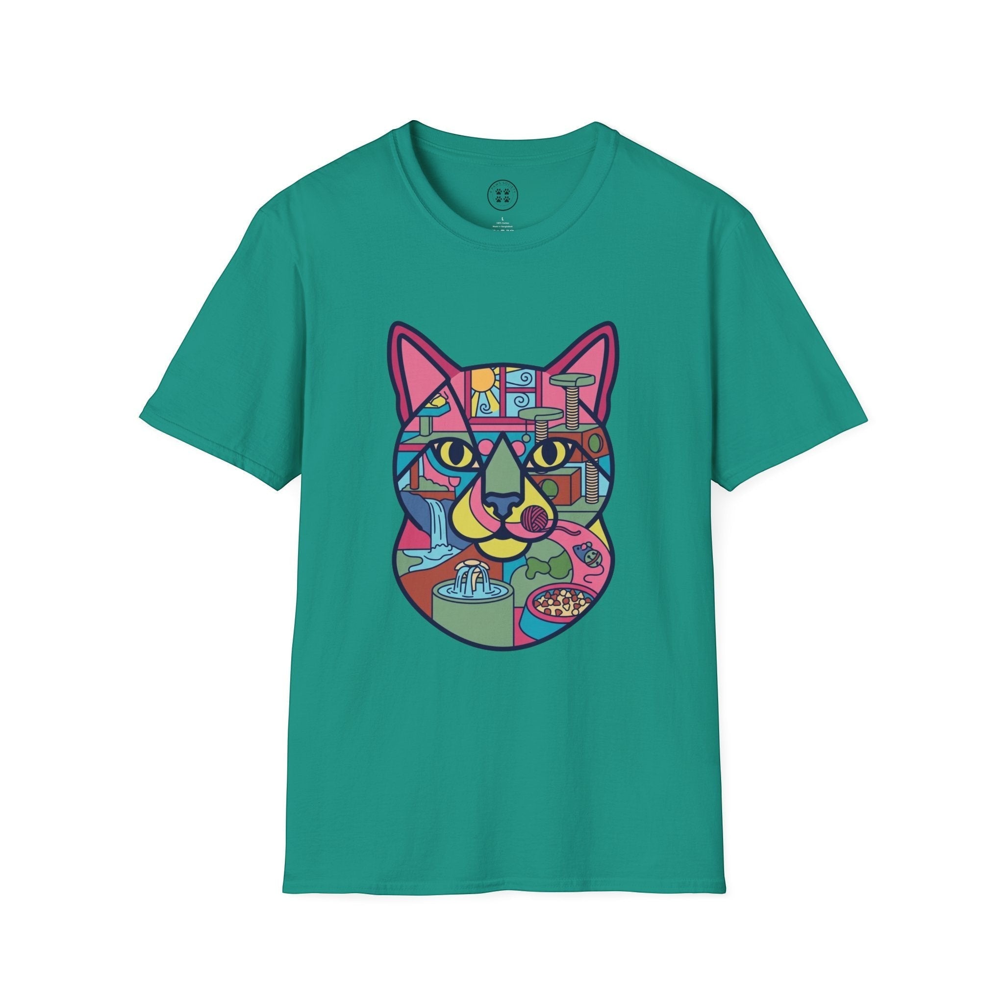 4 Paws Society teal 100% cotton t-shirt with a colorful geometric cat graphic featuring scenes of cat life.