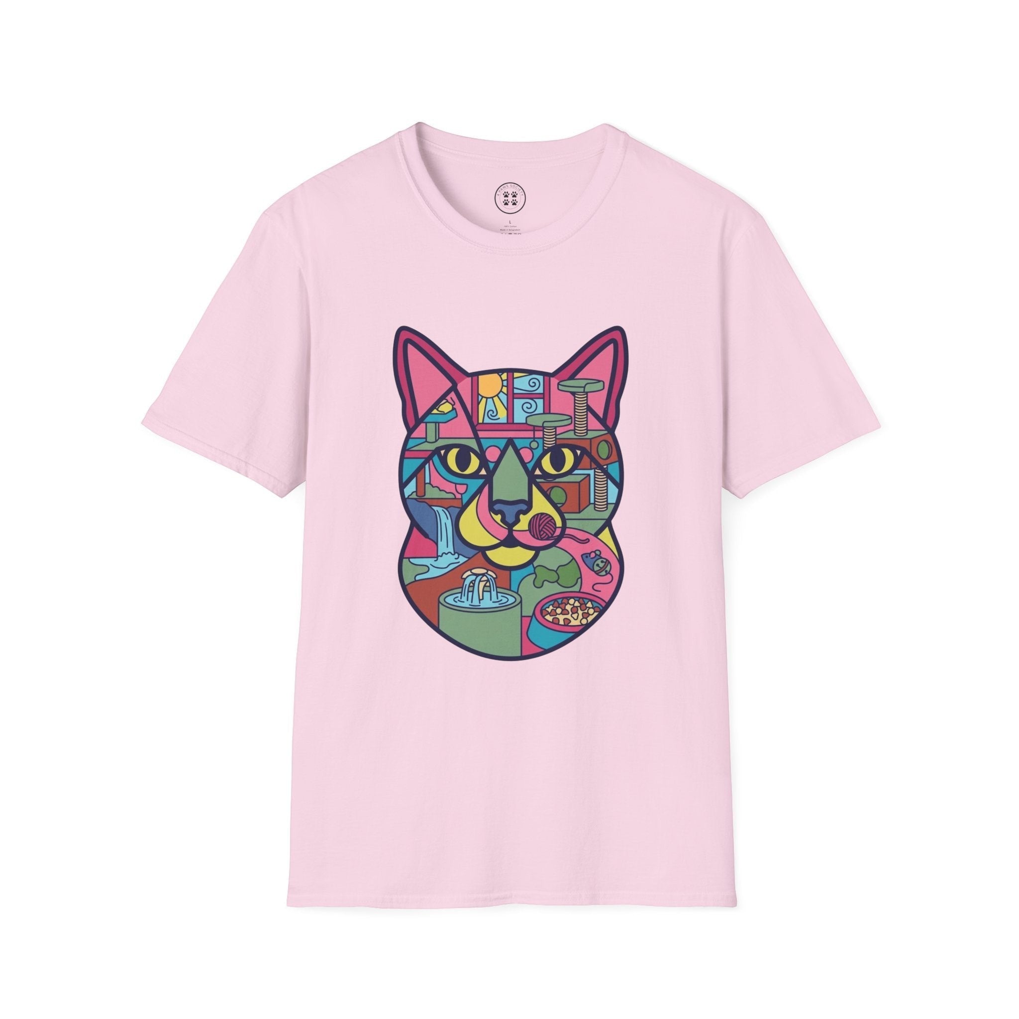 4 Paws Society pink 100% cotton t-shirt with a colorful geometric cat graphic featuring cat toys, food, and a scratching post.