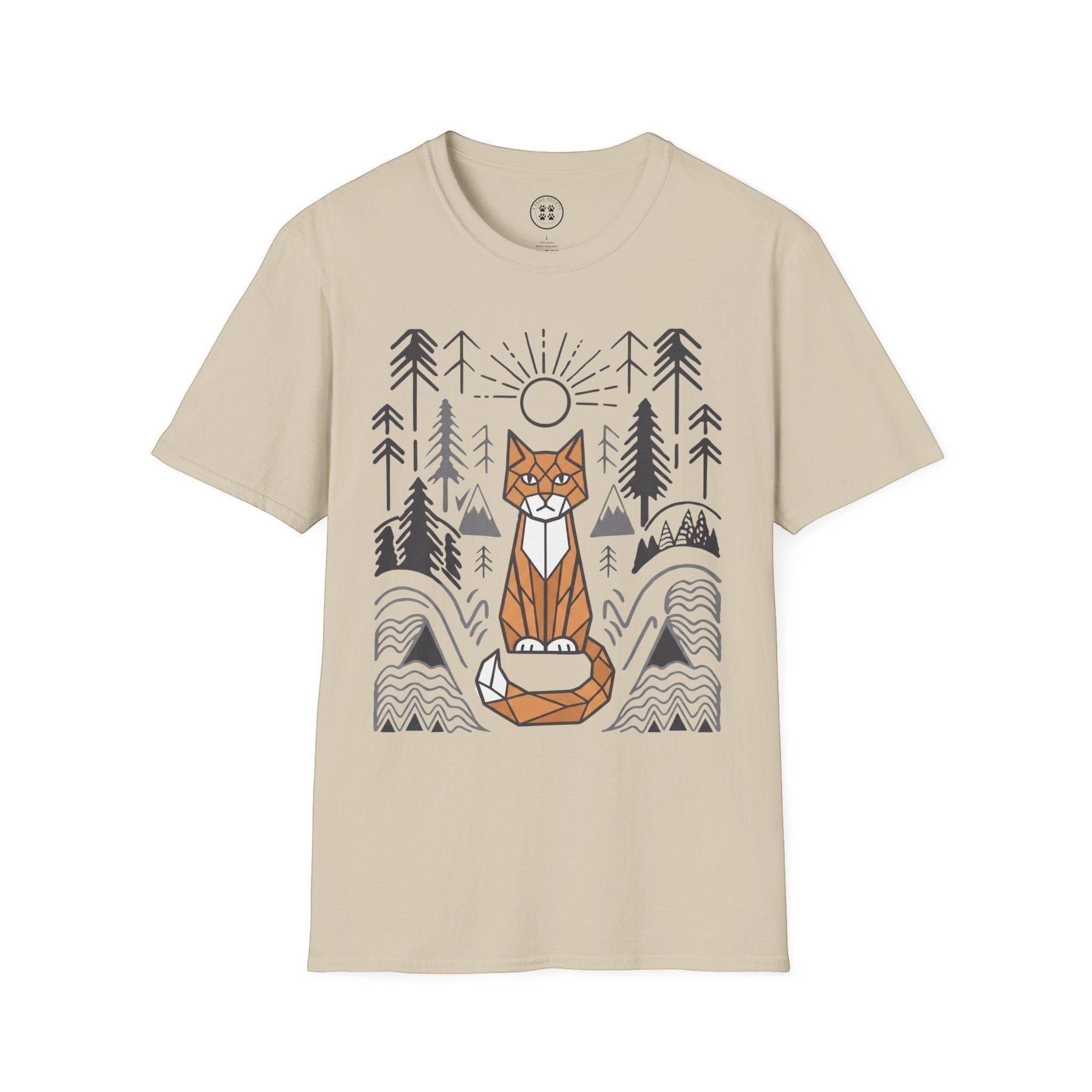 4 Paws Society beige 100% cotton t-shirt with geometric cat and forest graphic