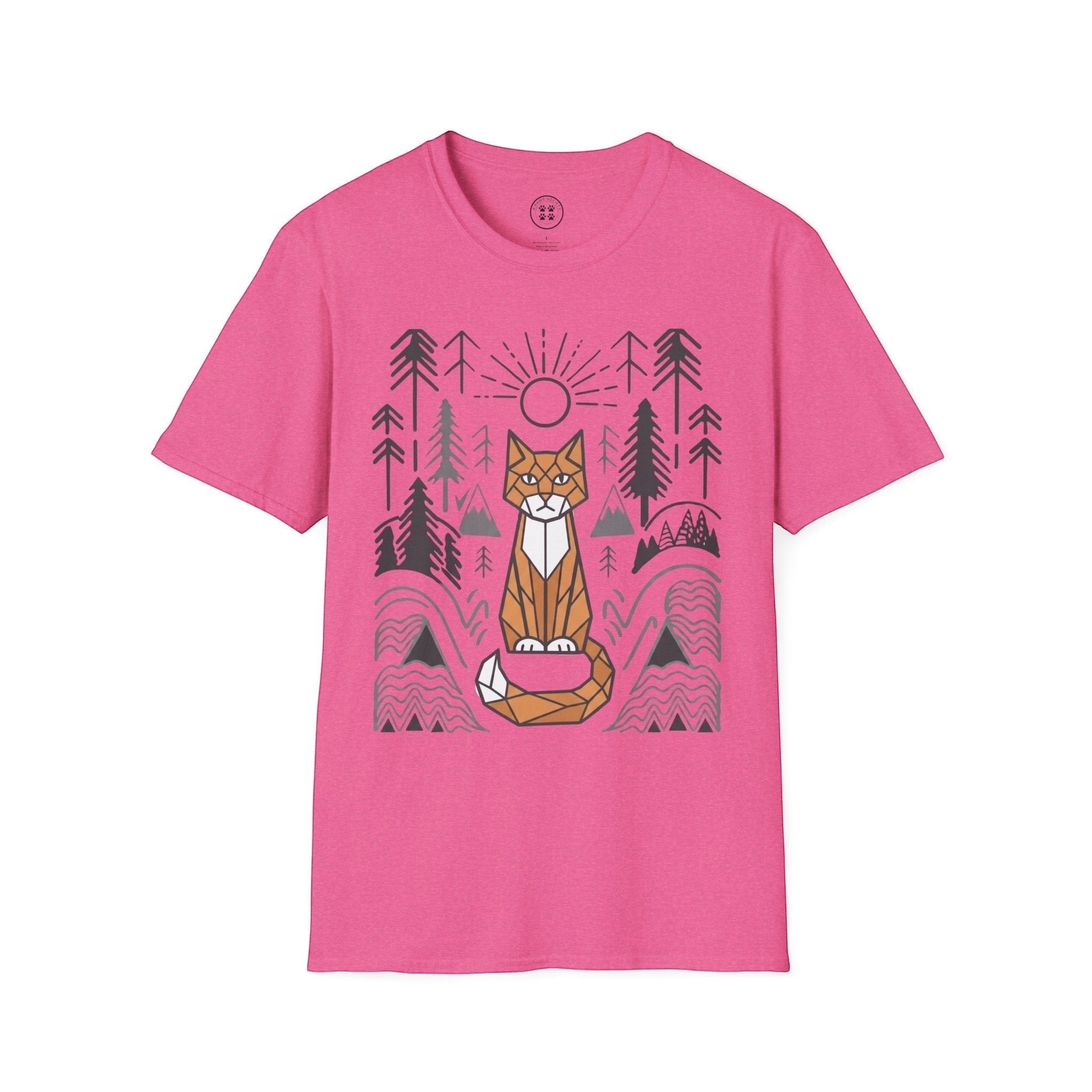 4 Paws Society pink 100% cotton t-shirt with geometric cat and forest graphic