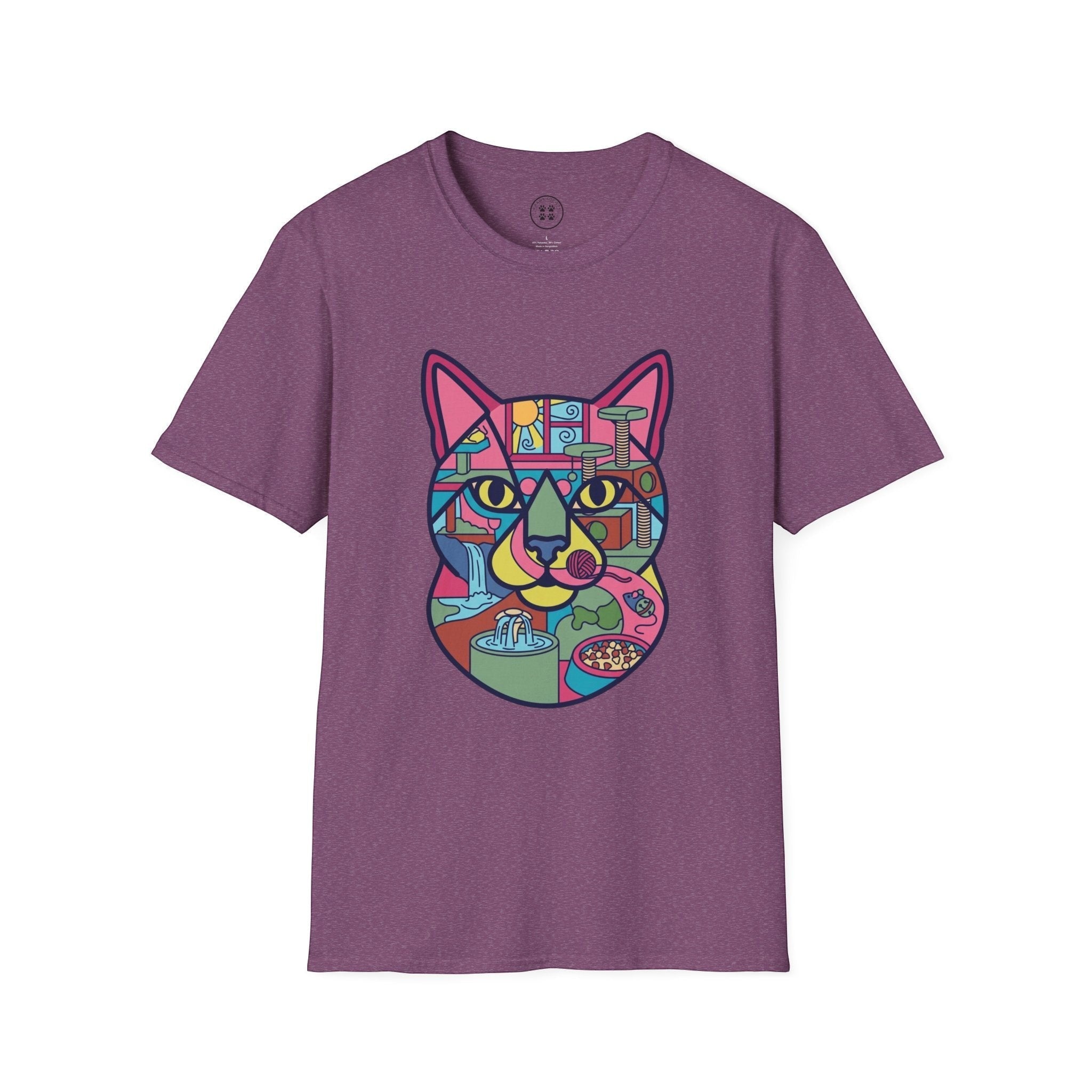 4 Paws Society purple 100% cotton t-shirt with a colorful geometric cat graphic featuring scenes of cat life.
