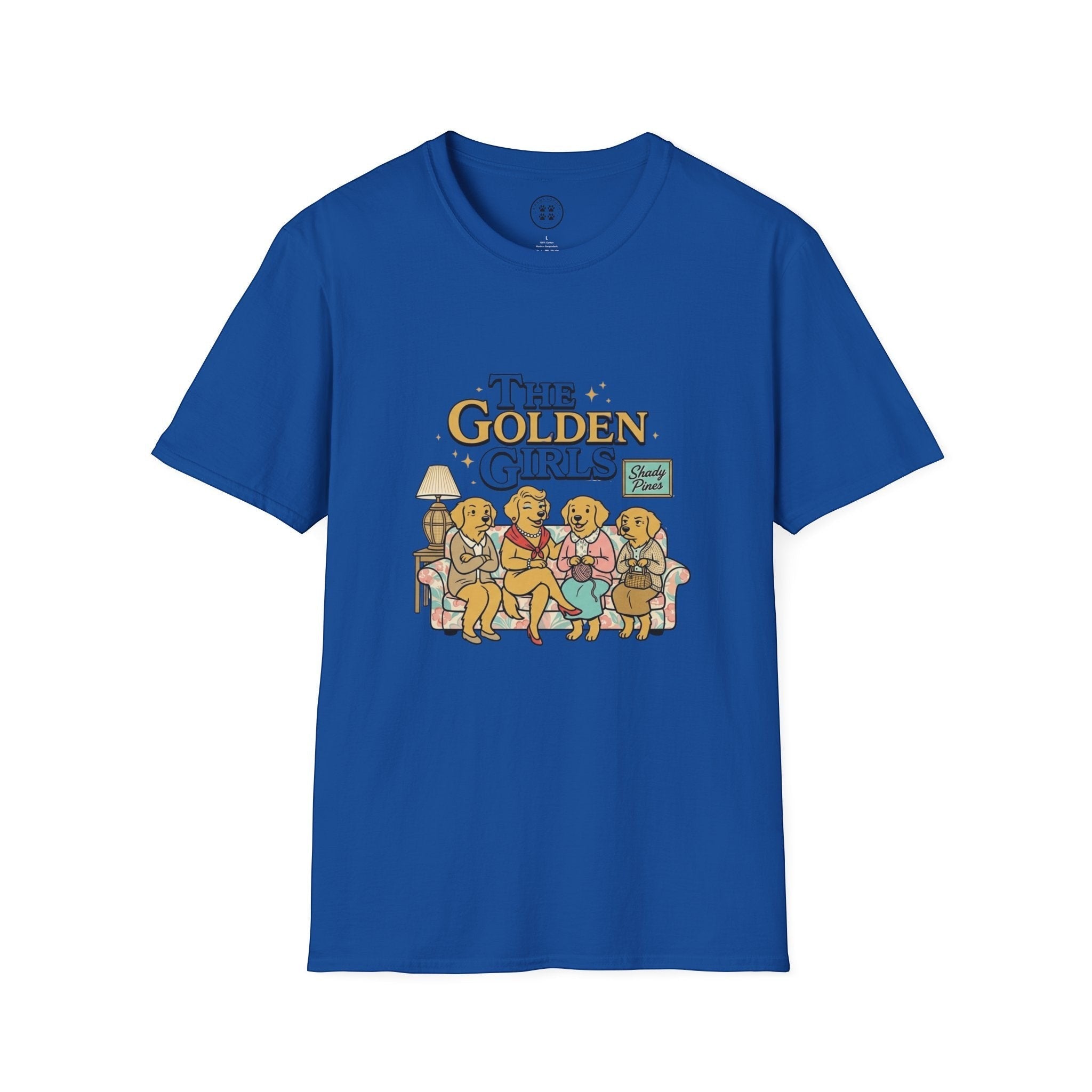 4 Paws Society blue 100% cotton t-shirt with Golden Girls couch graphic featuring Golden Retriever dogs.