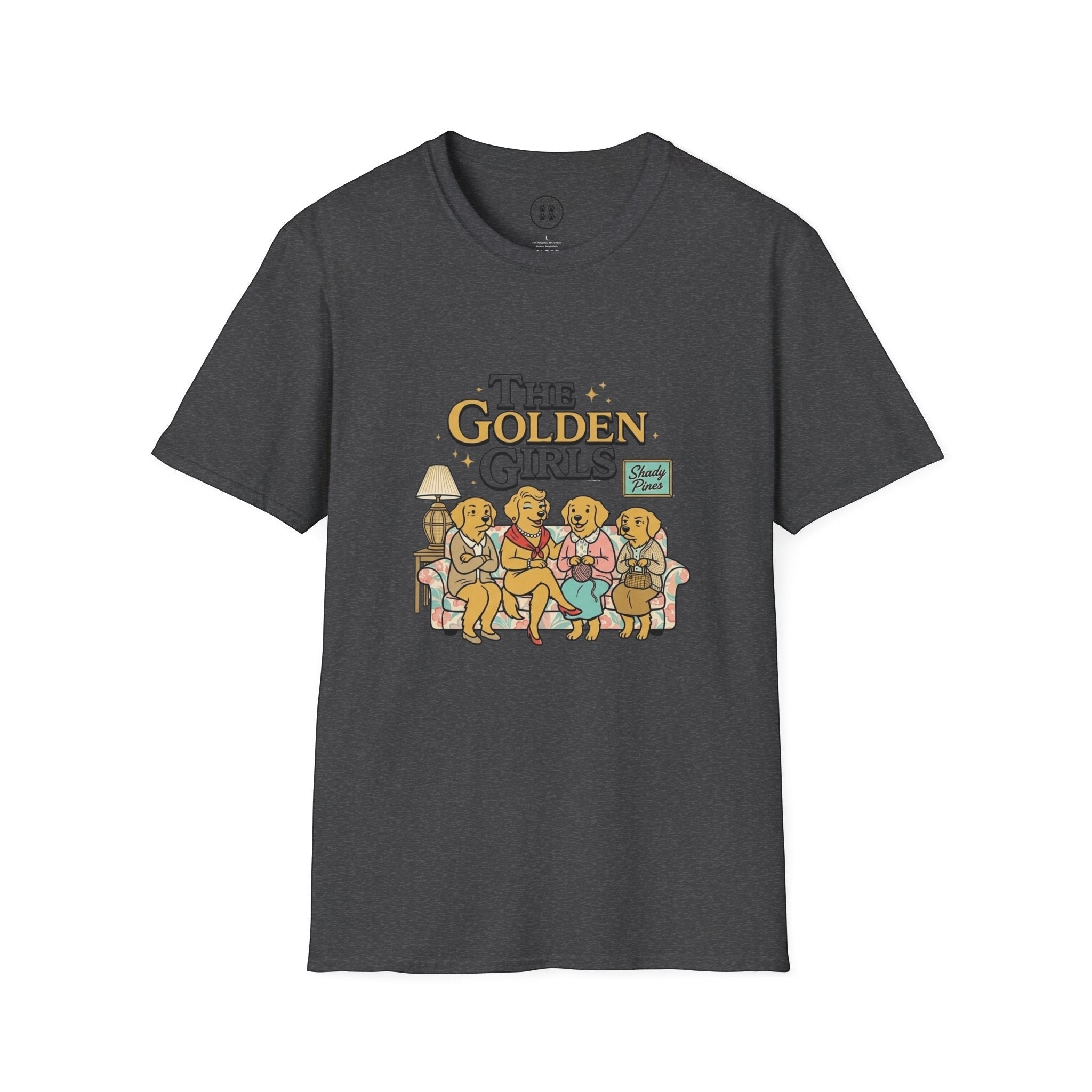 4 Paws Society dark grey 100% cotton t-shirt with a "The Golden Girls" graphic featuring four golden retrievers on a couch.