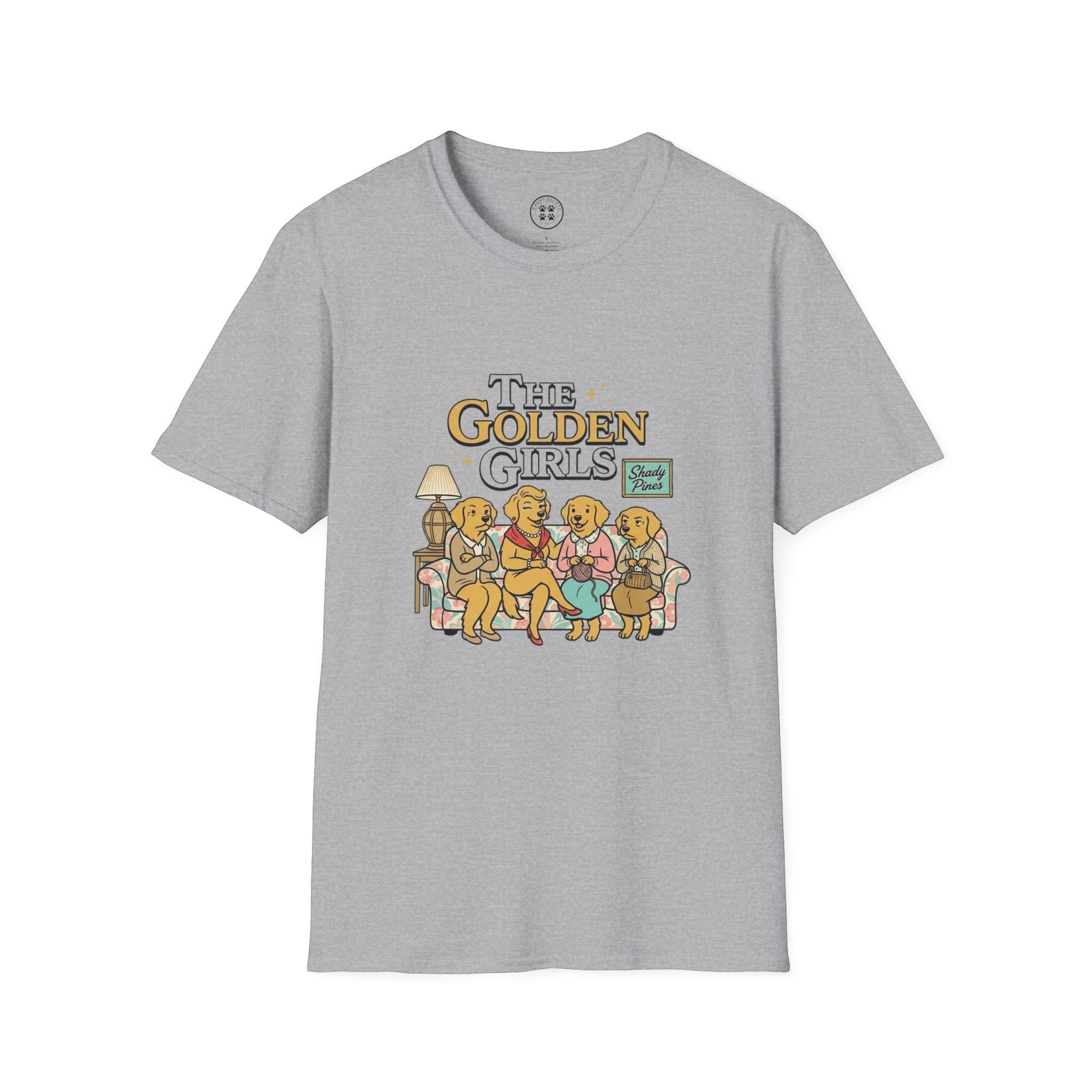 4 Paws Society grey 100% cotton t-shirt with a Golden Girls couch graphic featuring four golden retrievers.