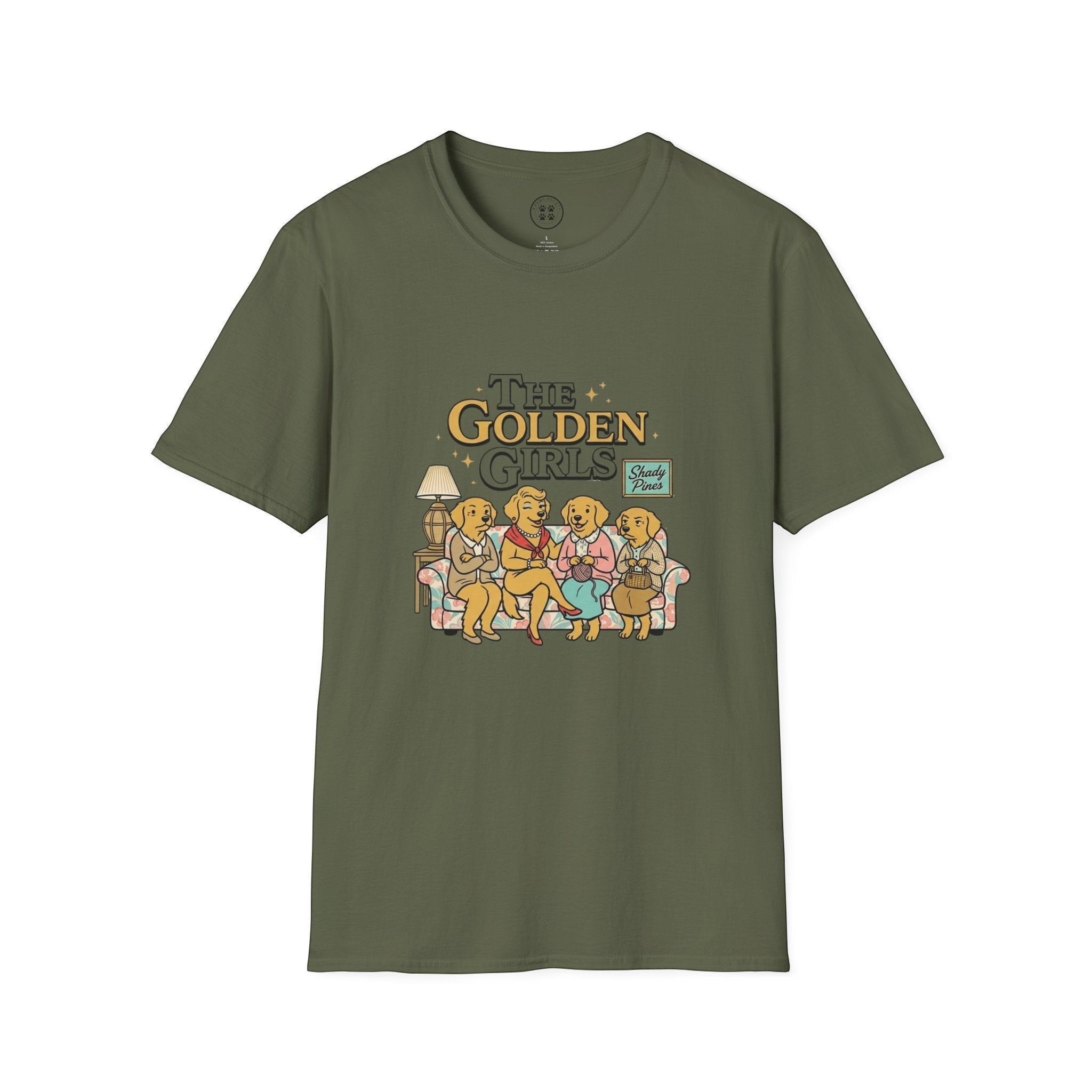 4 Paws Society olive green 100% cotton t-shirt with a Golden Girls inspired graphic of four golden retrievers on a couch.