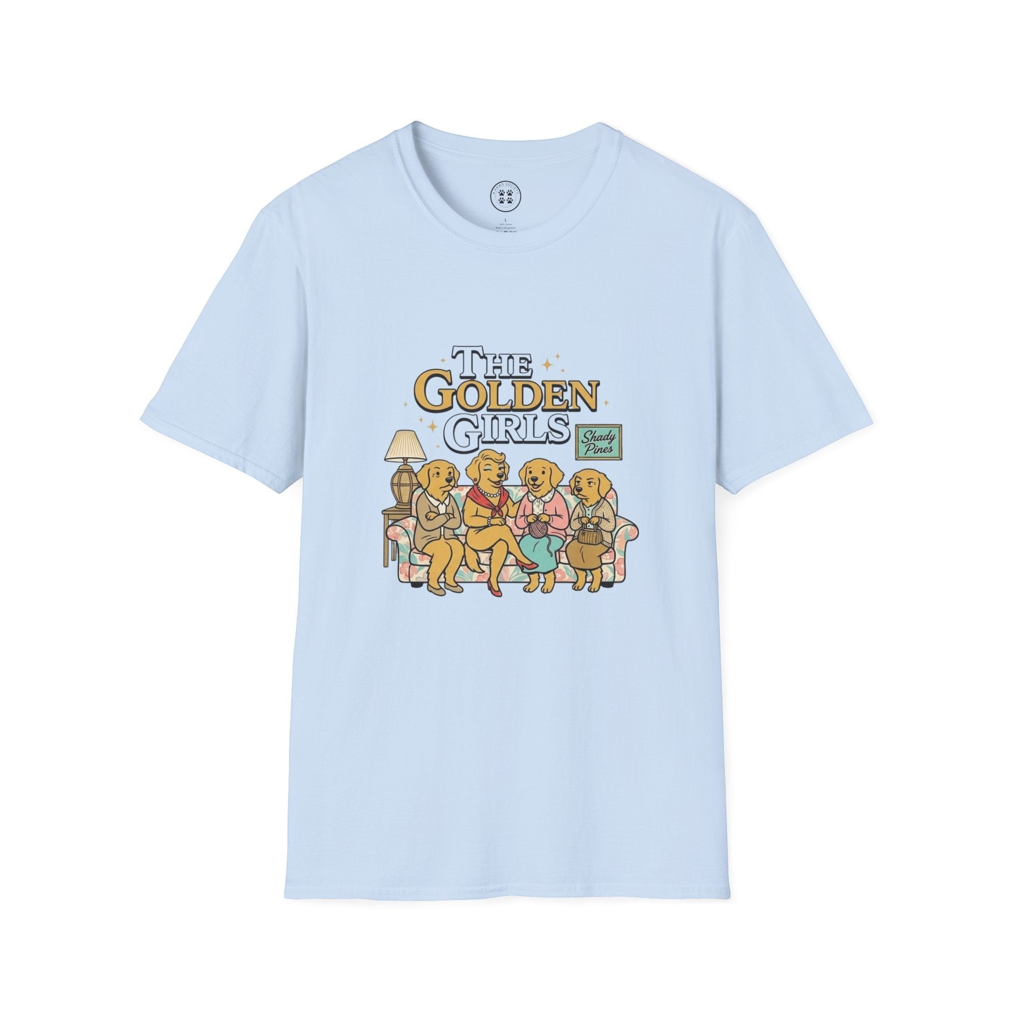 4 Paws Society light blue 100% cotton t-shirt with a "The Golden Girls" graphic featuring four golden retrievers on a couch.