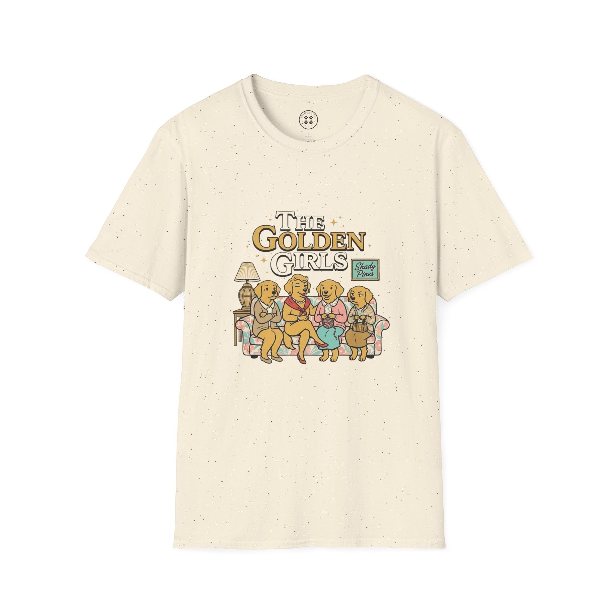 4 Paws Society cream 100% cotton t-shirt with a Golden Girls inspired graphic featuring four golden retrievers on a couch.
