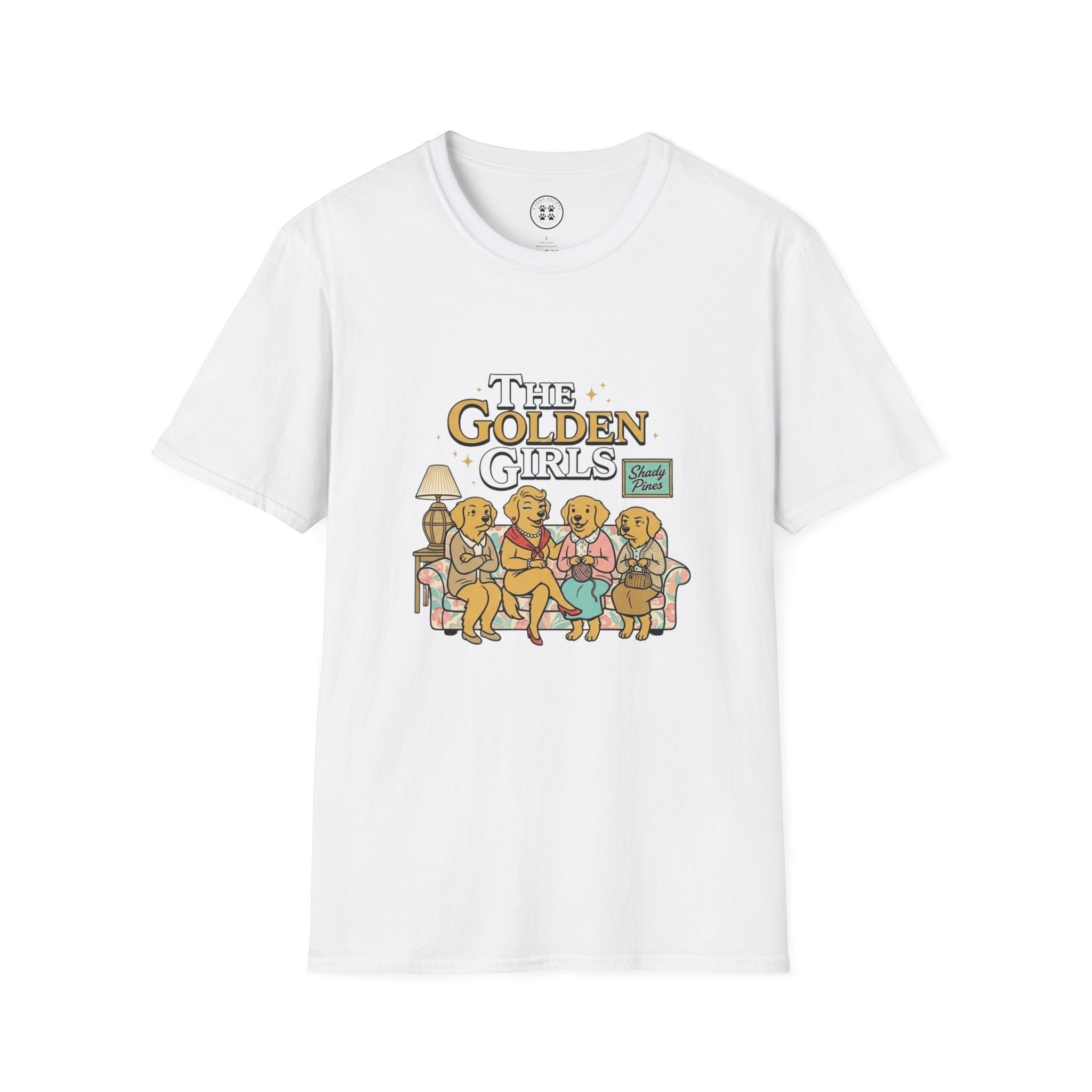 4 Paws Society white 100% cotton t-shirt with Golden Girls couch graphic featuring four golden retrievers.