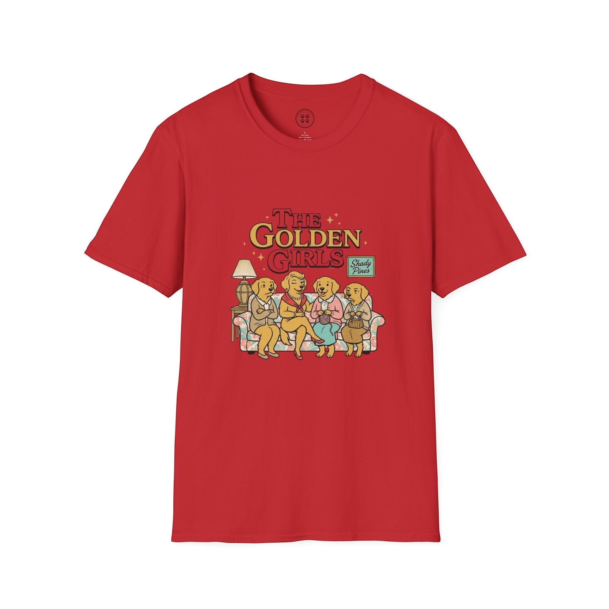 4 Paws Society red 100% cotton t-shirt with Golden Girls couch graphic featuring four golden retrievers.