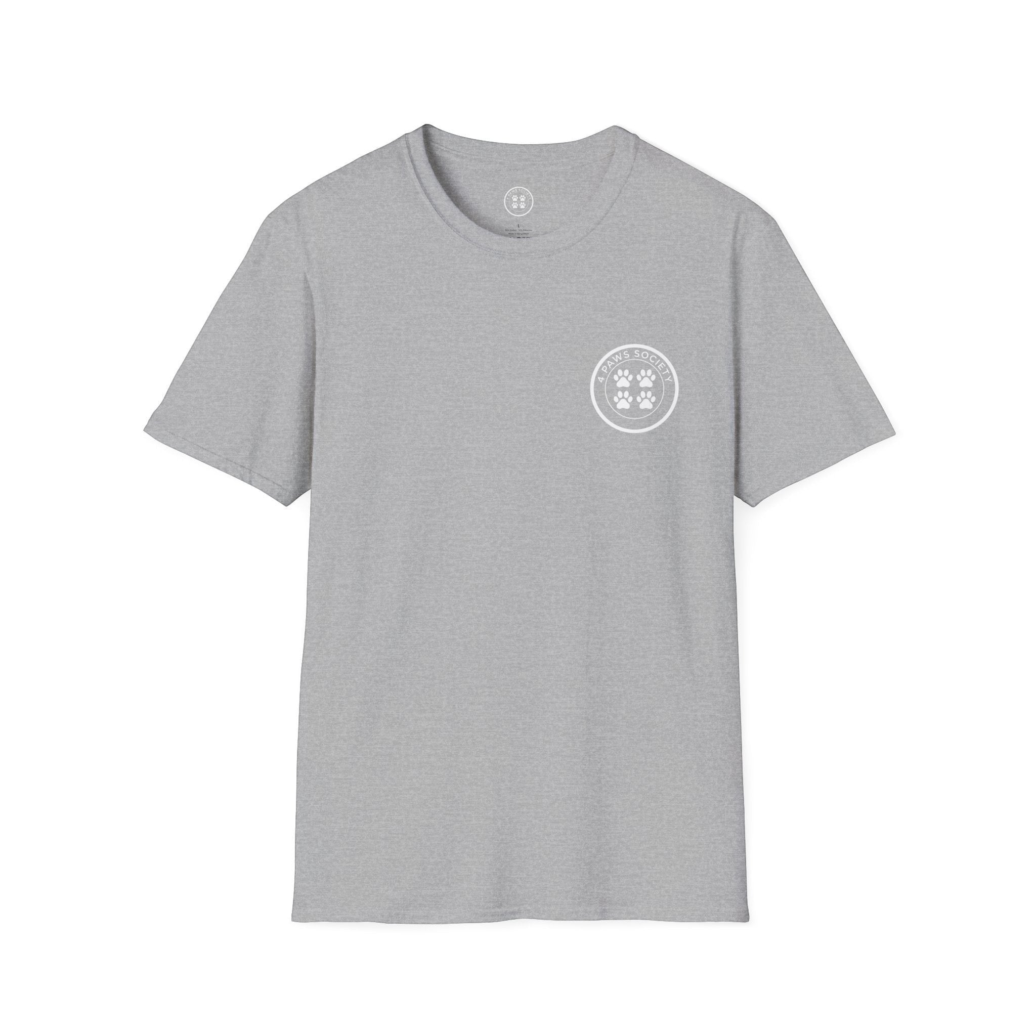 4 Paws Society grey 100% ring-spun cotton t-shirt with a small circular logo on the left chest featuring four paw prints.