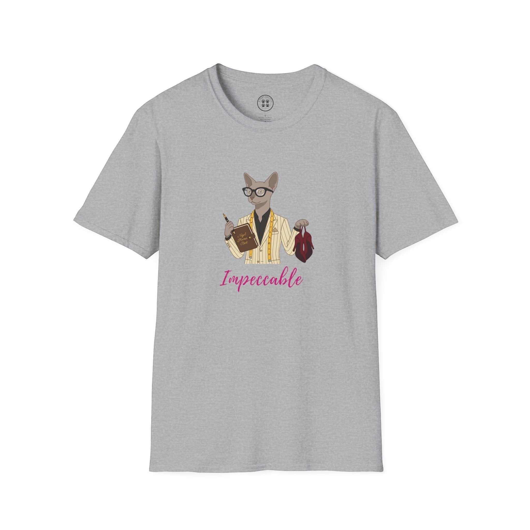 4 Paws Society grey 100% cotton unisex graphic tee with a Sphynx cat illustration wearing glasses and a pinstripe suit, holding a pen and a red garment.