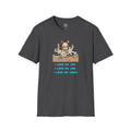 4 Paws Society charcoal grey 100% cotton t-shirt with a graphic of a stressed cat with multiple arms working at a desk, repeating "I Love My Job".