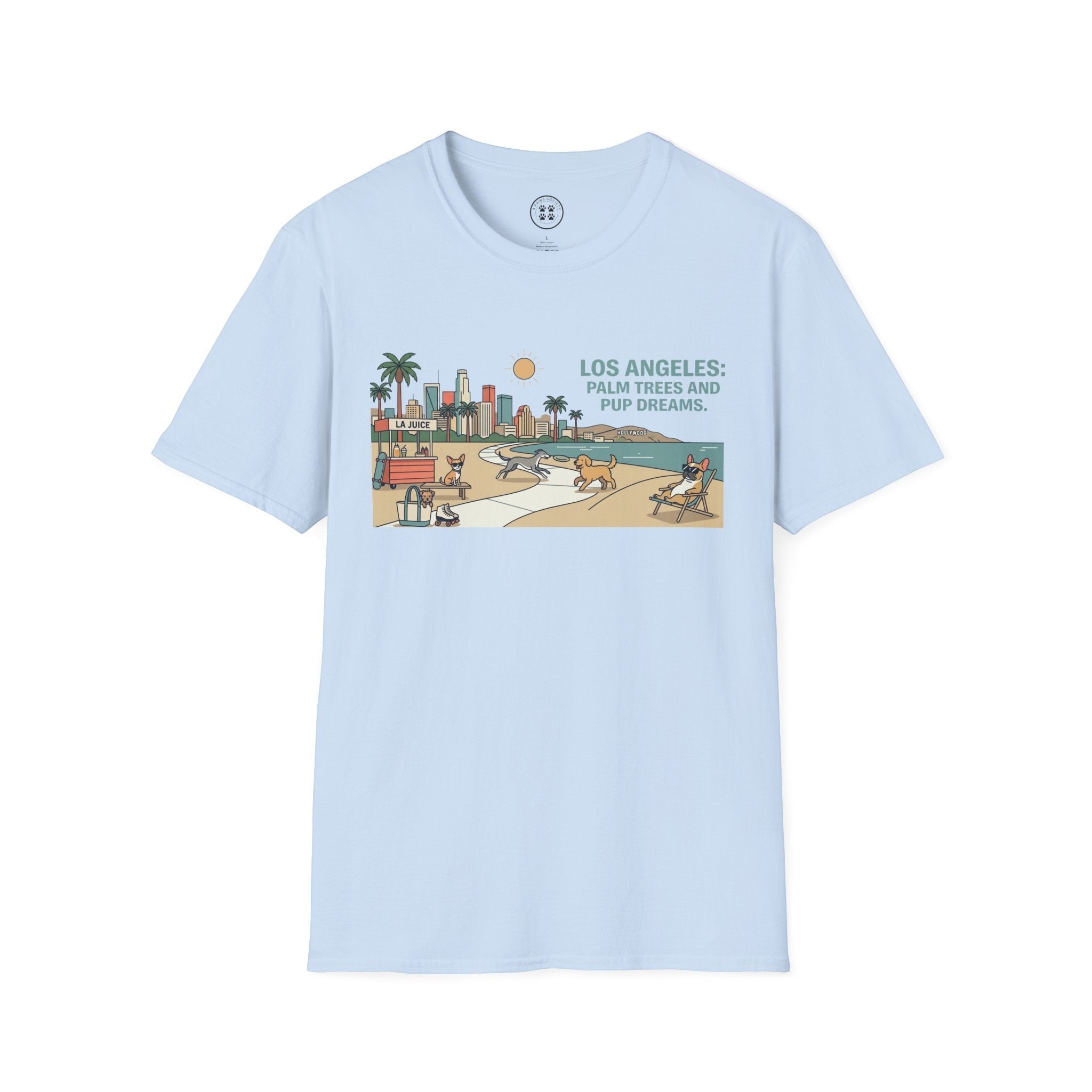 4 Paws Society light blue 100% cotton t-shirt with a graphic of the Los Angeles skyline, palm trees, and dogs on a beach.