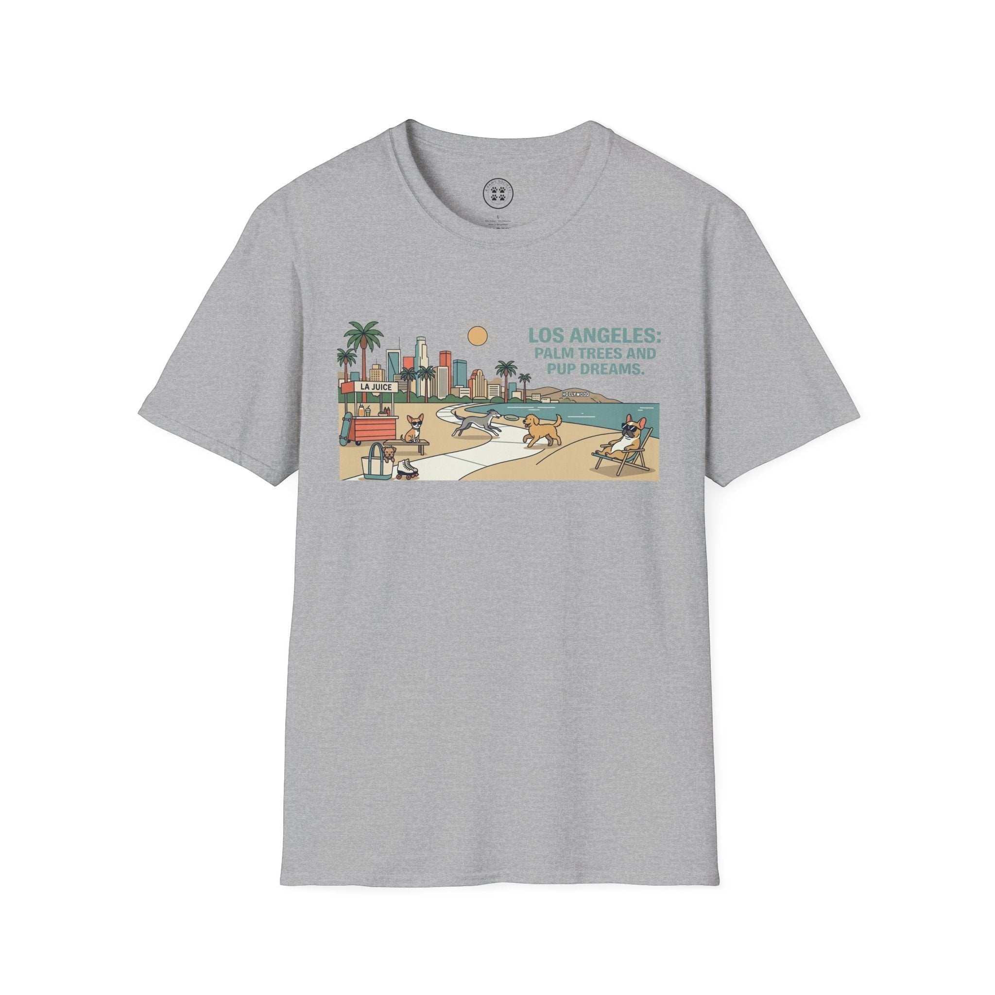 4 Paws Society grey 100% cotton t-shirt with a Los Angeles beach graphic featuring palm trees, city skyline, and dogs enjoying the scene.