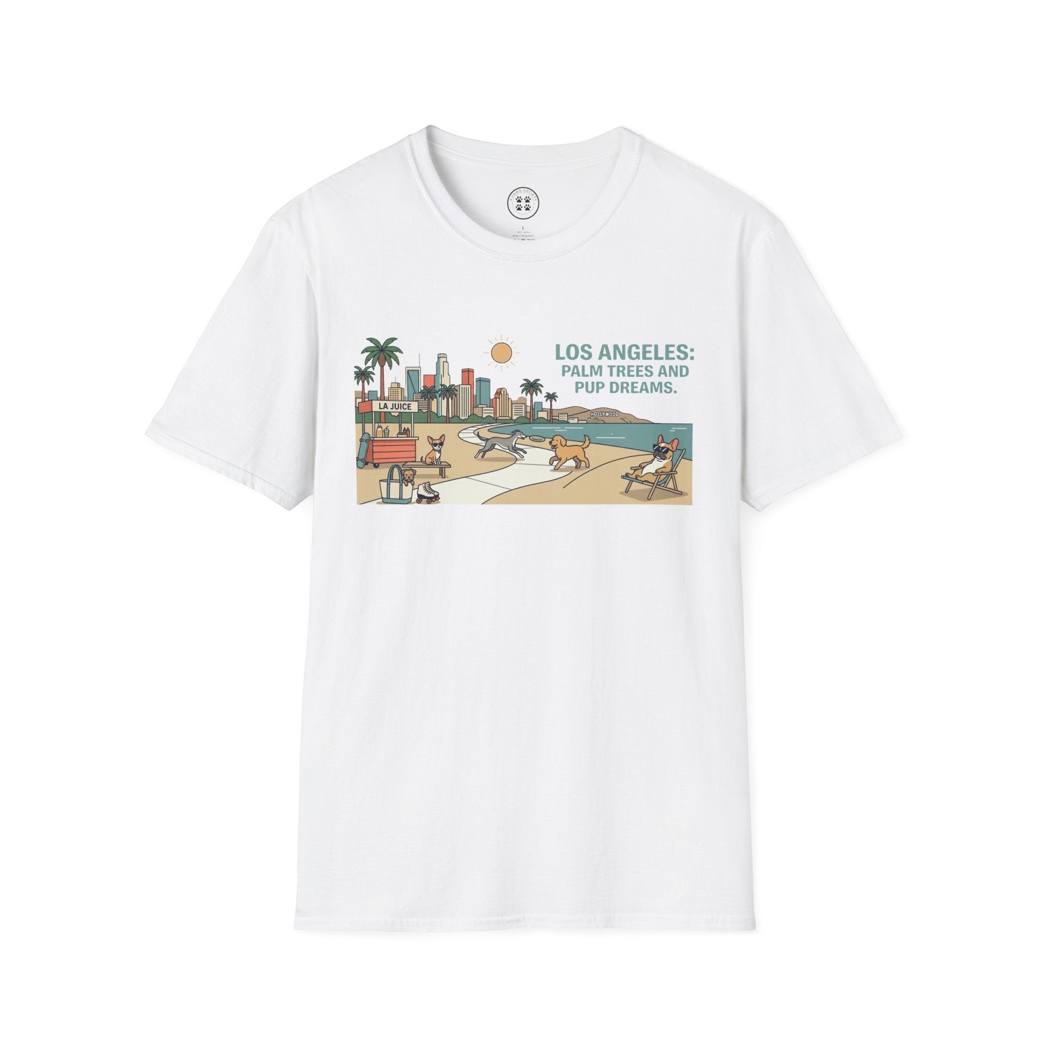 4 Paws Society white 100% cotton t-shirt with a graphic of Los Angeles skyline, palm trees, beach, and dogs. Text reads "Los Angeles: Palm Trees and Pup Dreams".