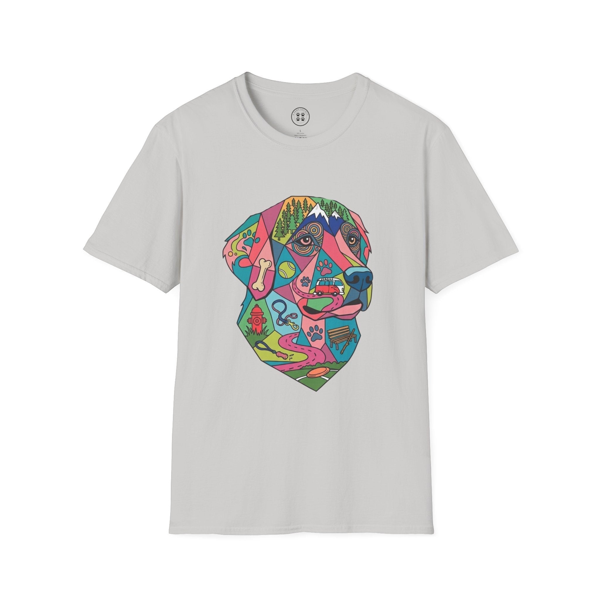 4 Paws Society grey 100% cotton t-shirt with a colorful geometric Labrador dog art print featuring outdoor and dog-related elements.