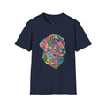 4 Paws Society navy blue 100% cotton t-shirt with a colorful geometric Labrador dog art print featuring outdoor and dog-related elements.